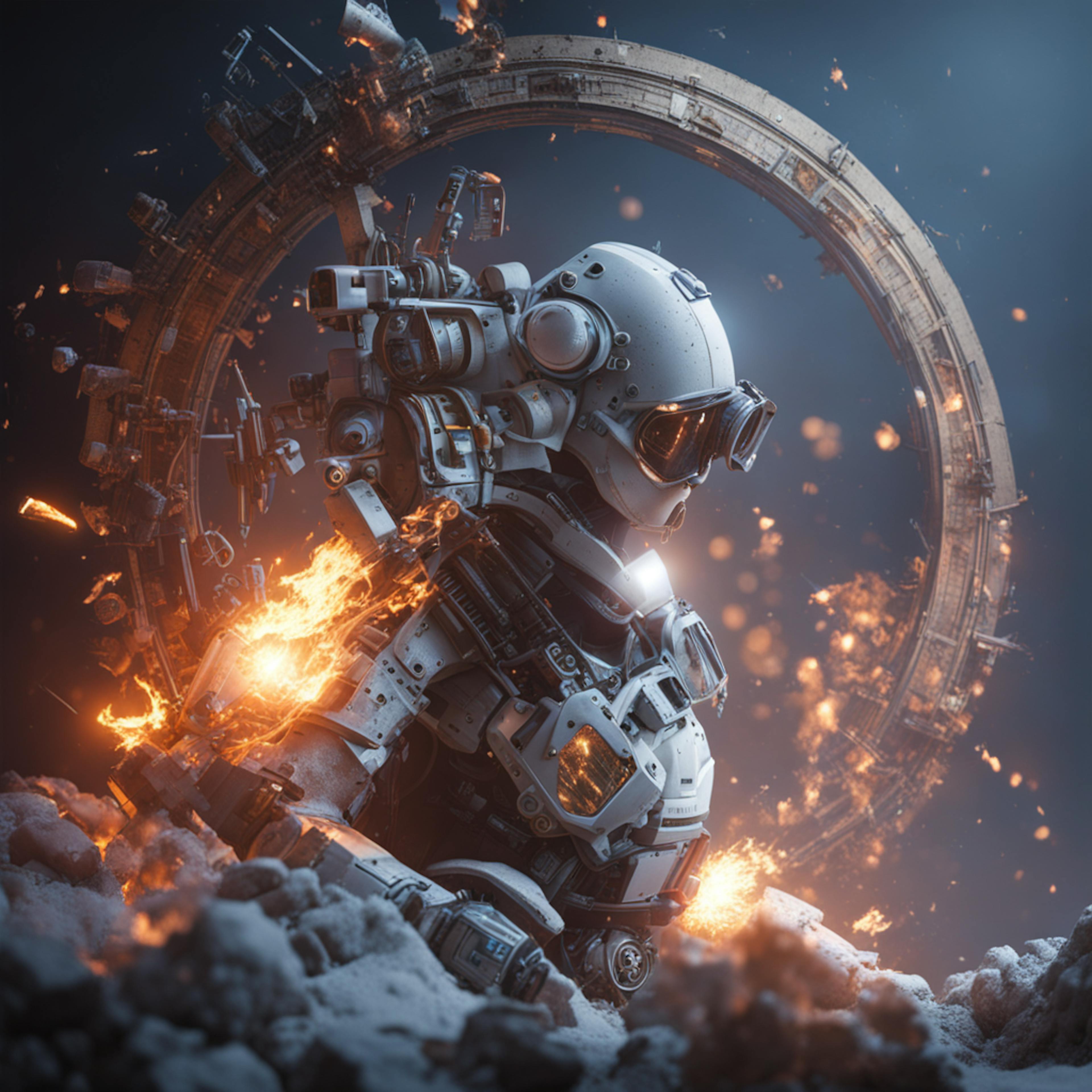 An intricate sci-fi robot amidst fiery debris, illustrating the advanced scenarios and environments that a user experience researcher might explore to understand and improve human-robot interactions.