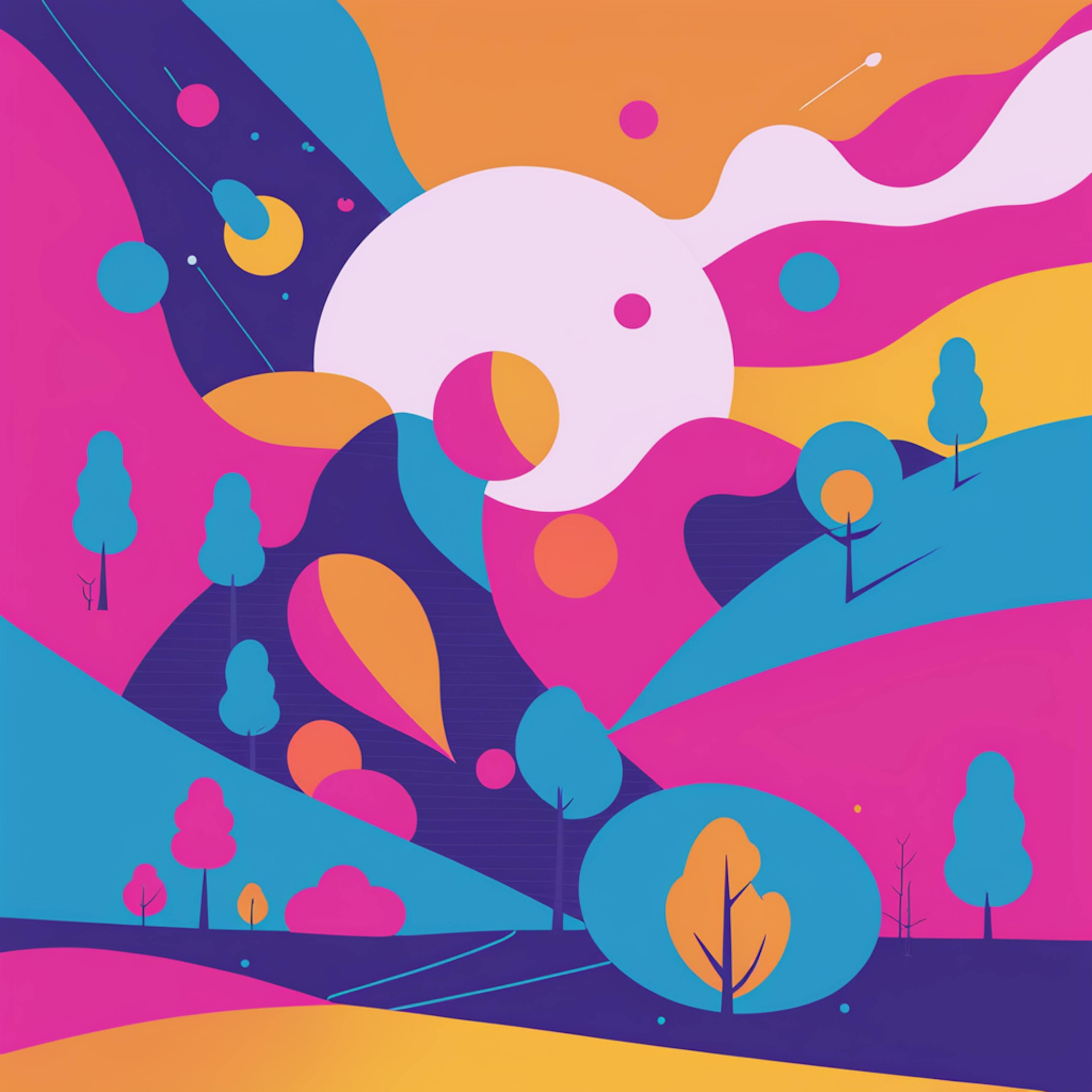 A vibrant, abstract illustration featuring colorful shapes and trees, symbolizing creativity and innovation, ideal for representing opportunities and environments in user experience jobs.