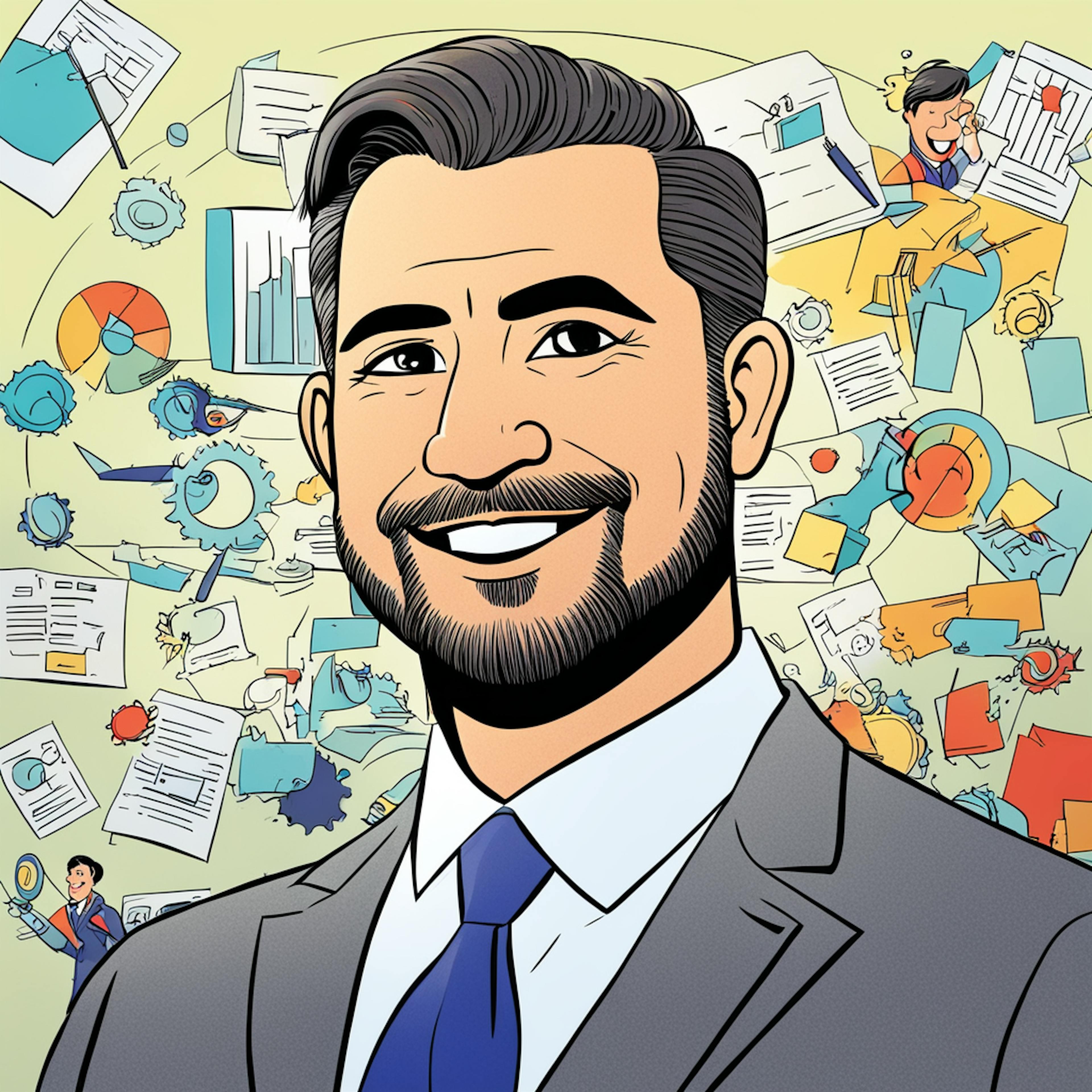 A graphic of a smiling man in a suit with an assortment of charts, gears, and data elements behind him, representing the process of dividing data into training and testing sets using train_test_split in sklearn.