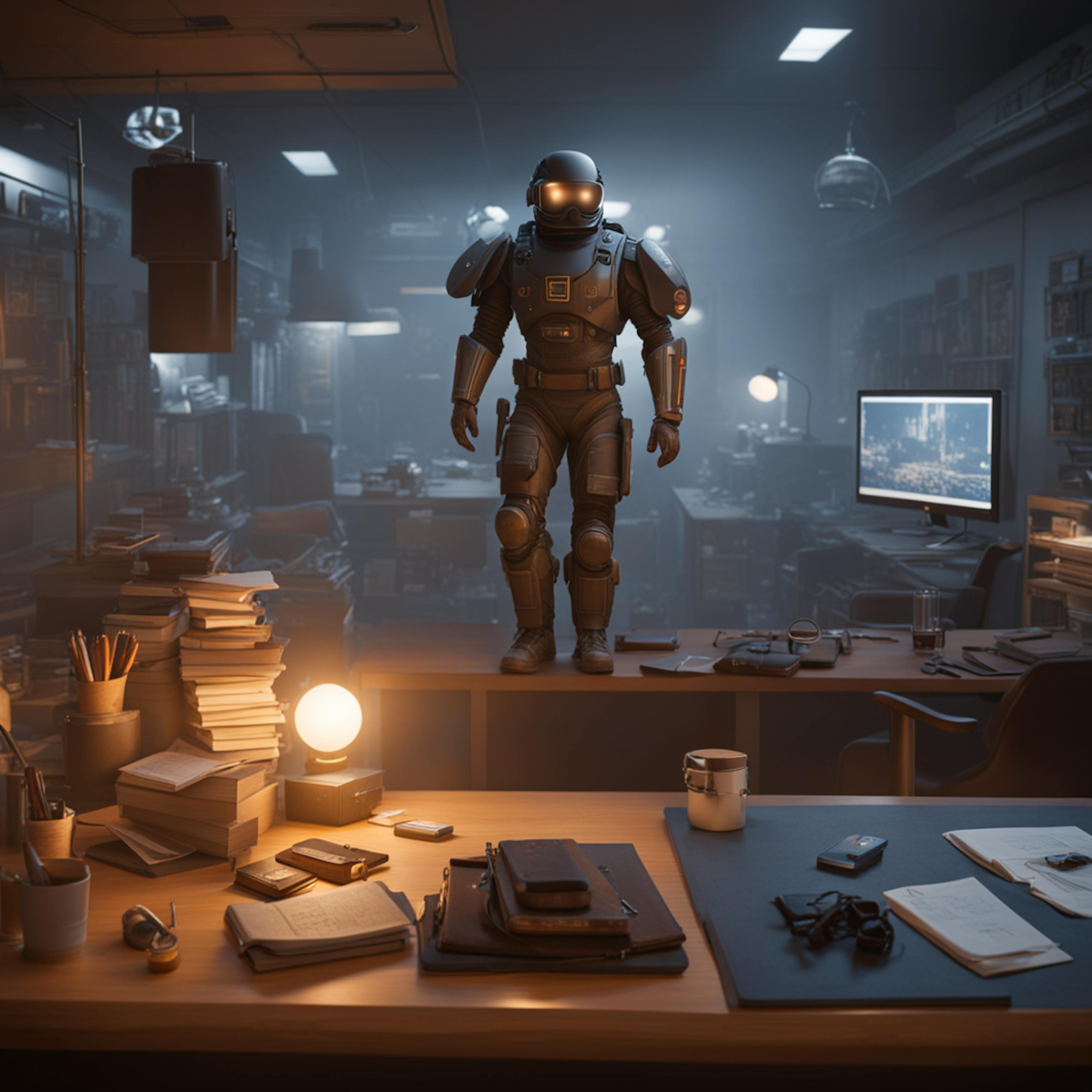 A futuristic scene featuring a robot standing on a desk in a dimly lit office, surrounded by books, notes, and a computer screen. This image symbolizes the intersection of technology and data science, relevant to the process of using `train_test_split` to divide datasets for machine learning tasks.