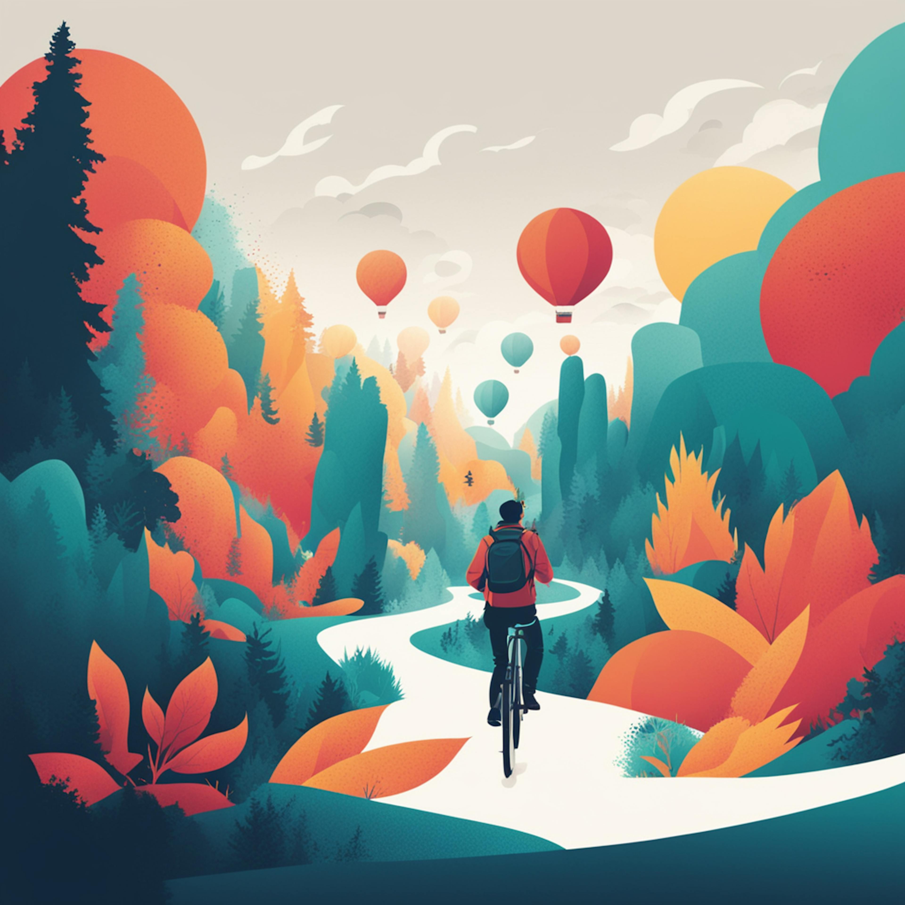 A colorful illustration of a cyclist riding through a vibrant forest landscape with hot air balloons in the sky, symbolizing the journey and exploration in data science, relevant to using train_test_split in sklearn for dataset preparation.