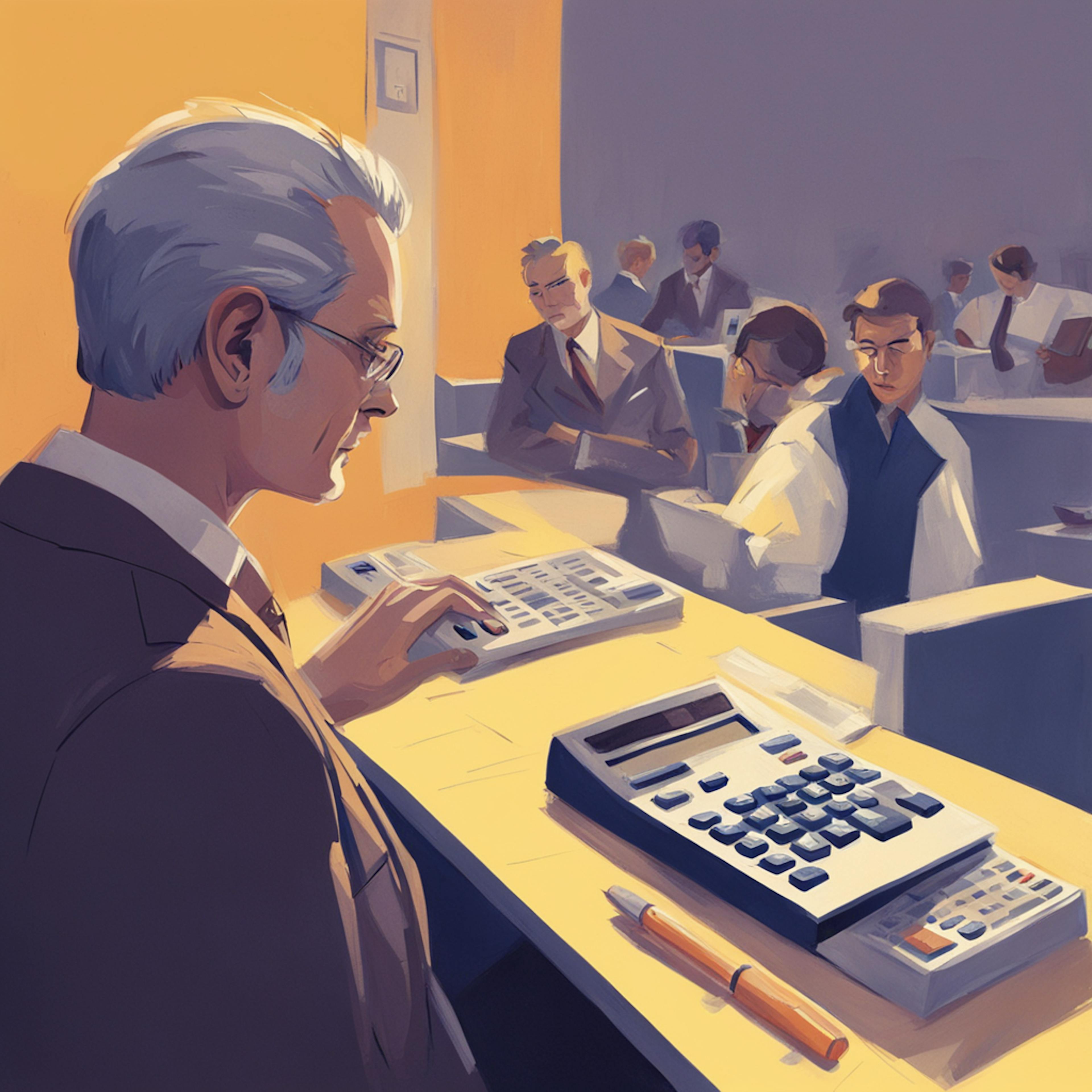 A vintage-style illustration of an older man in an office setting, using a calculator amidst colleagues, highlighting the importance of using a track conversion calculator in professional environments.