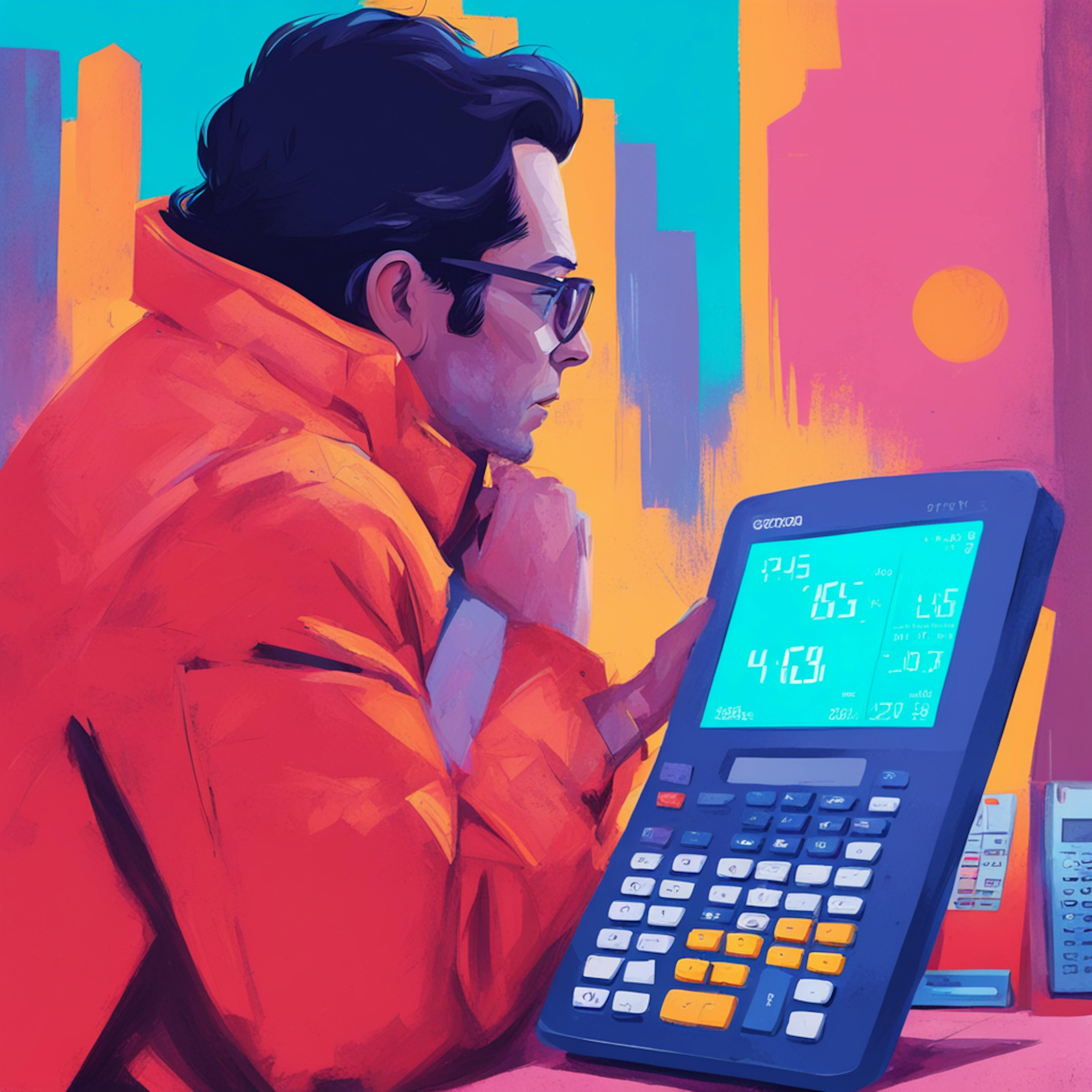 An artistic depiction of a man intensely studying a large, modern calculator, symbolizing the focus and precision needed for accurate calculations with a track conversion calculator.