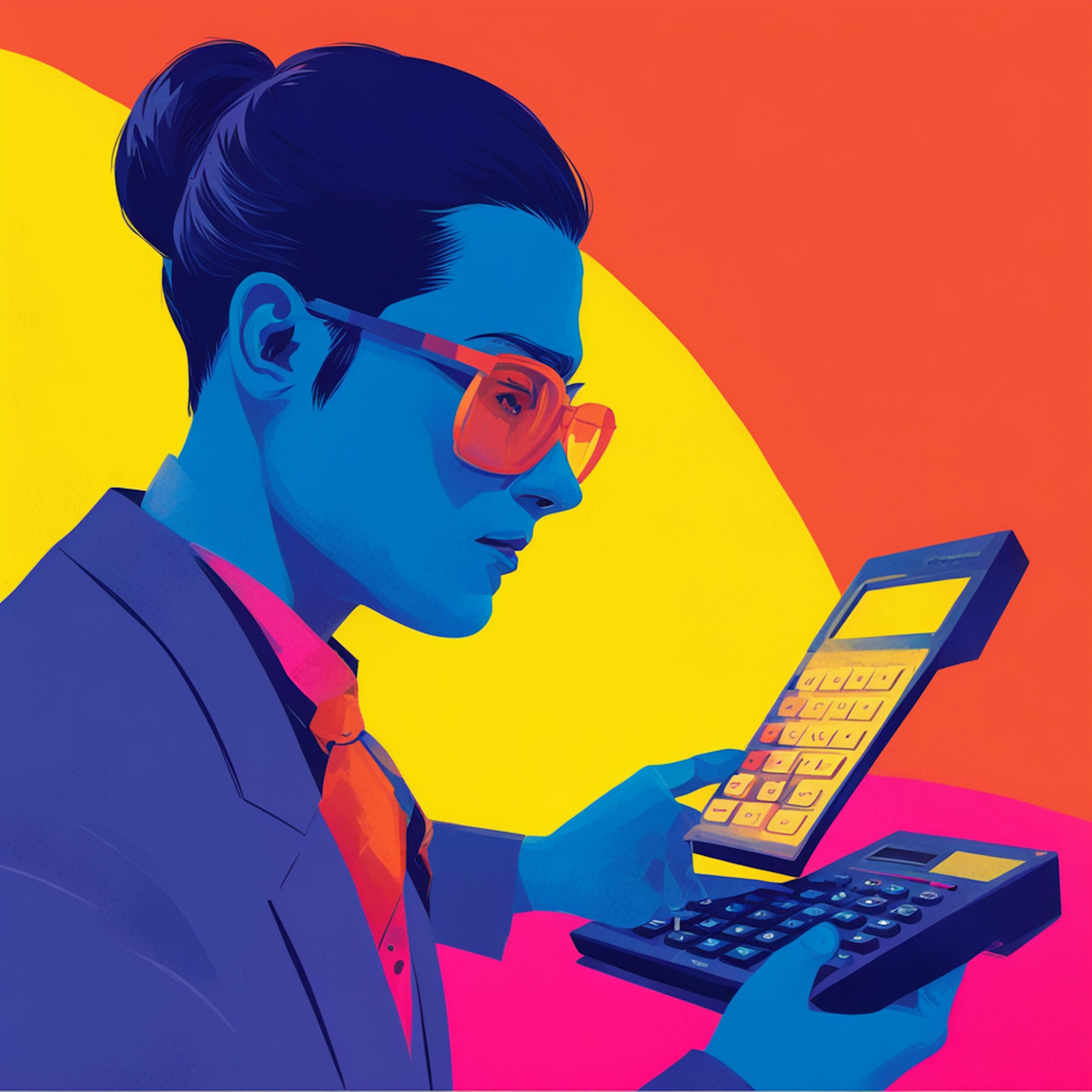 A vibrant, abstract illustration of a woman using a calculator with a serious expression, representing the meticulous work involved in using a track conversion calculator.