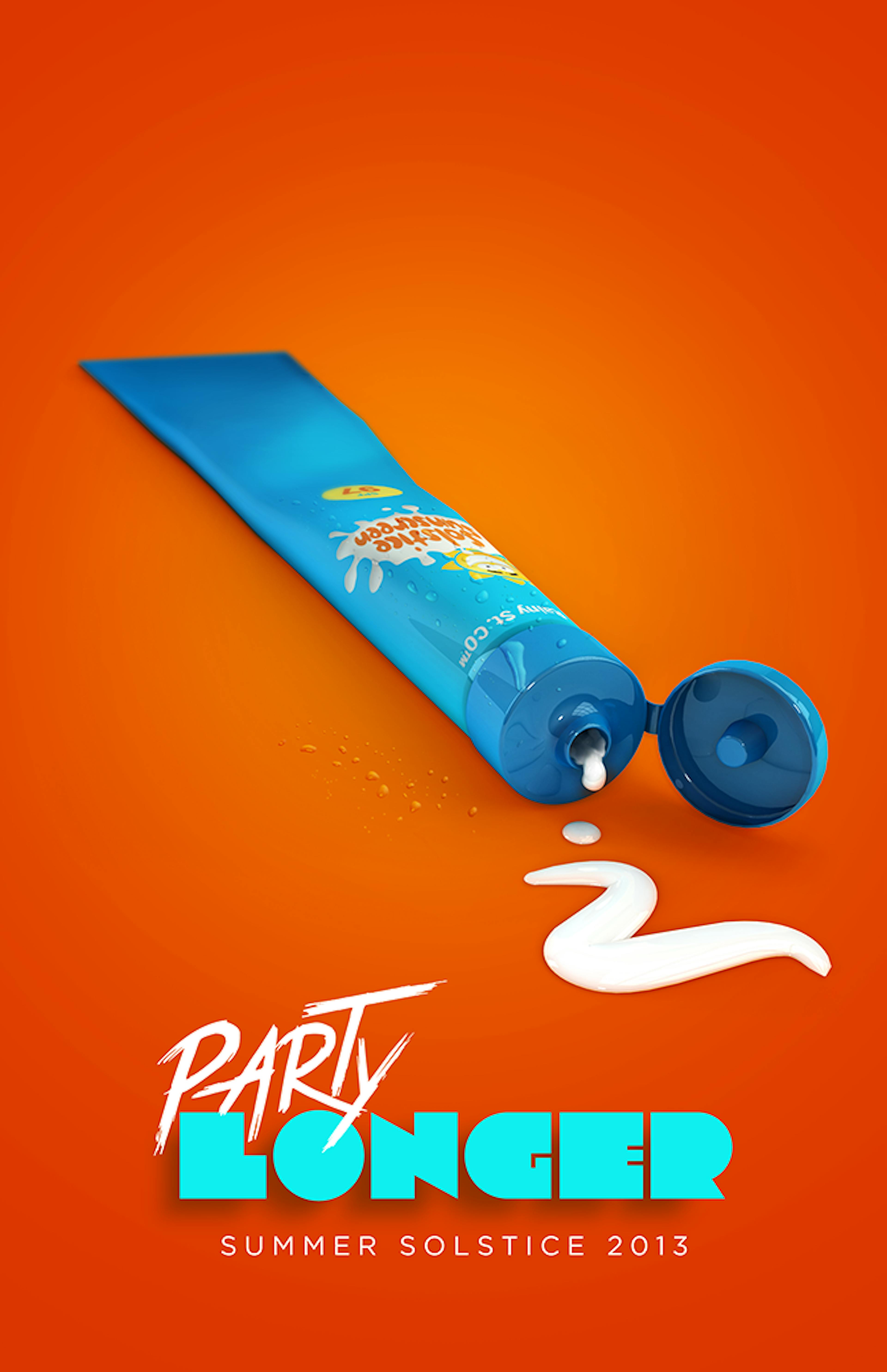 Poster for Party Longer featuring tube of sunscreen