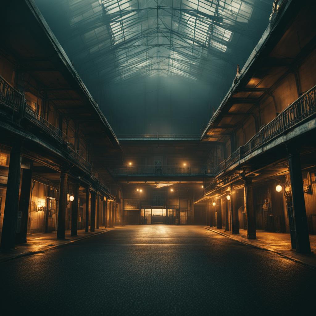 A dimly lit, spacious interior of an industrial-style building with a high ceiling, reflecting the creative and innovative environment often found in social media marketing jobs.