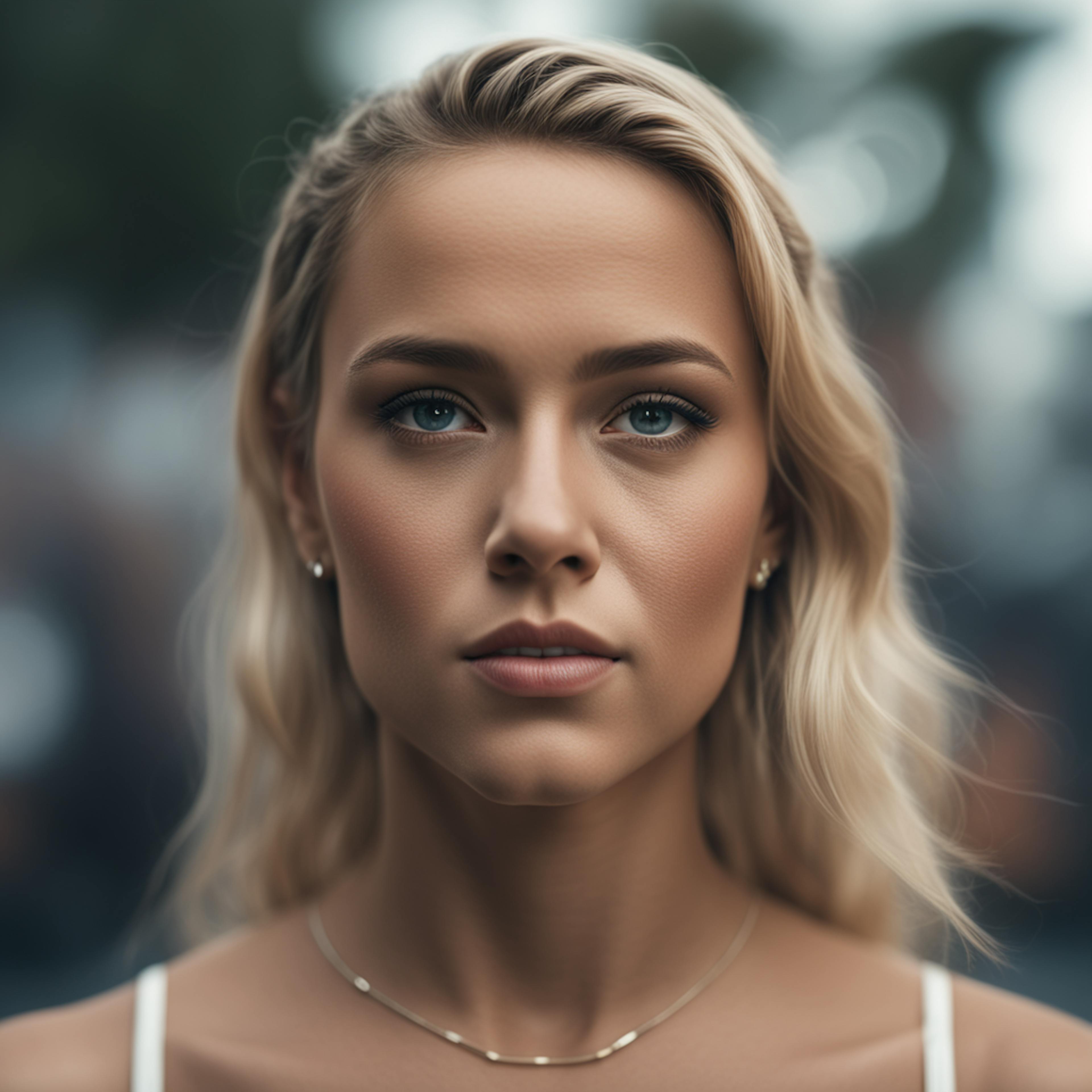 A close-up portrait of a young woman with blonde hair and striking blue eyes, symbolizing the attention to detail and personal engagement required in social media marketing jobs.