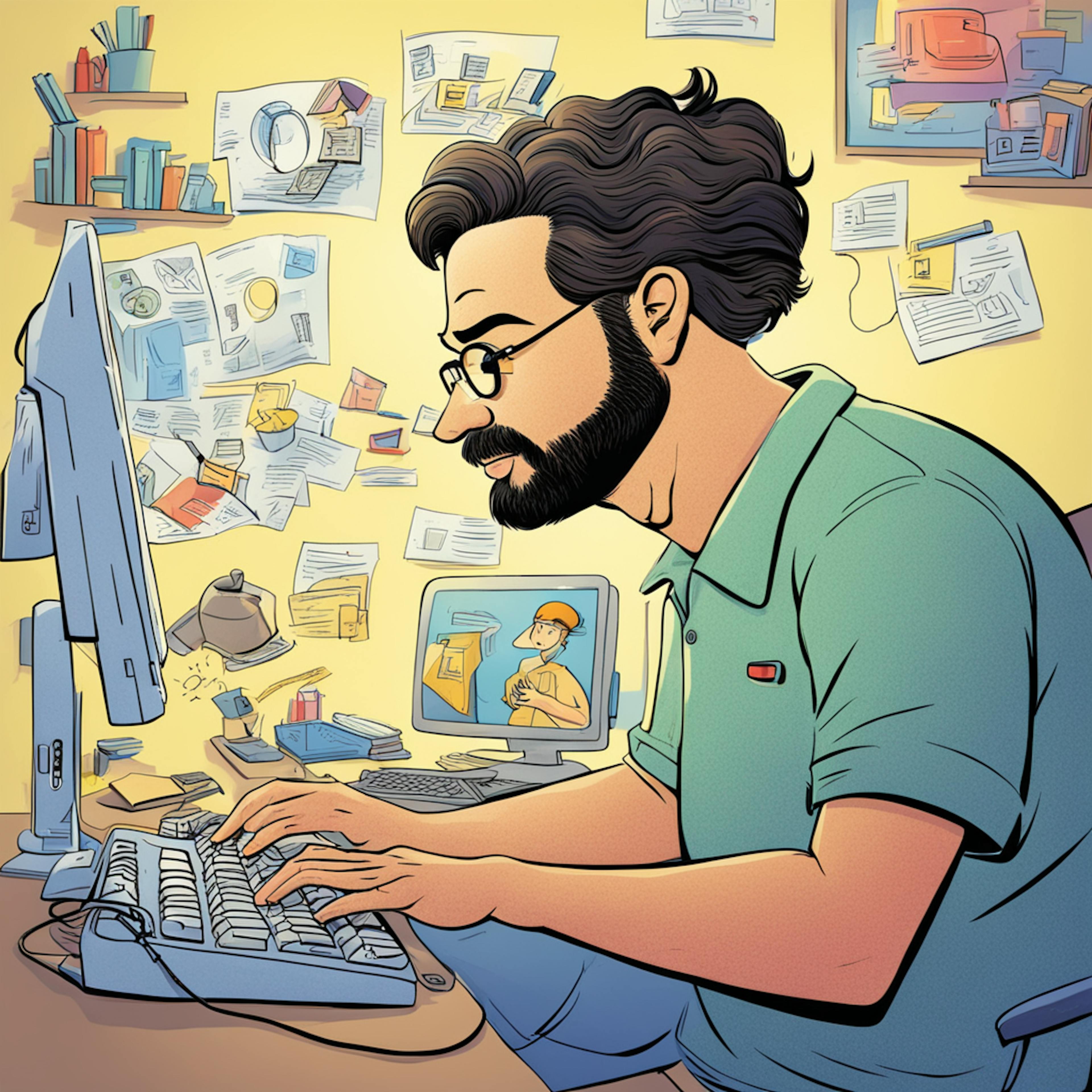 A bearded man with glasses is deeply immersed in split testing for pricing on his computer. The workspace is cluttered with papers, books, and a monitor showing an illustration, indicating a busy and detailed work environment.