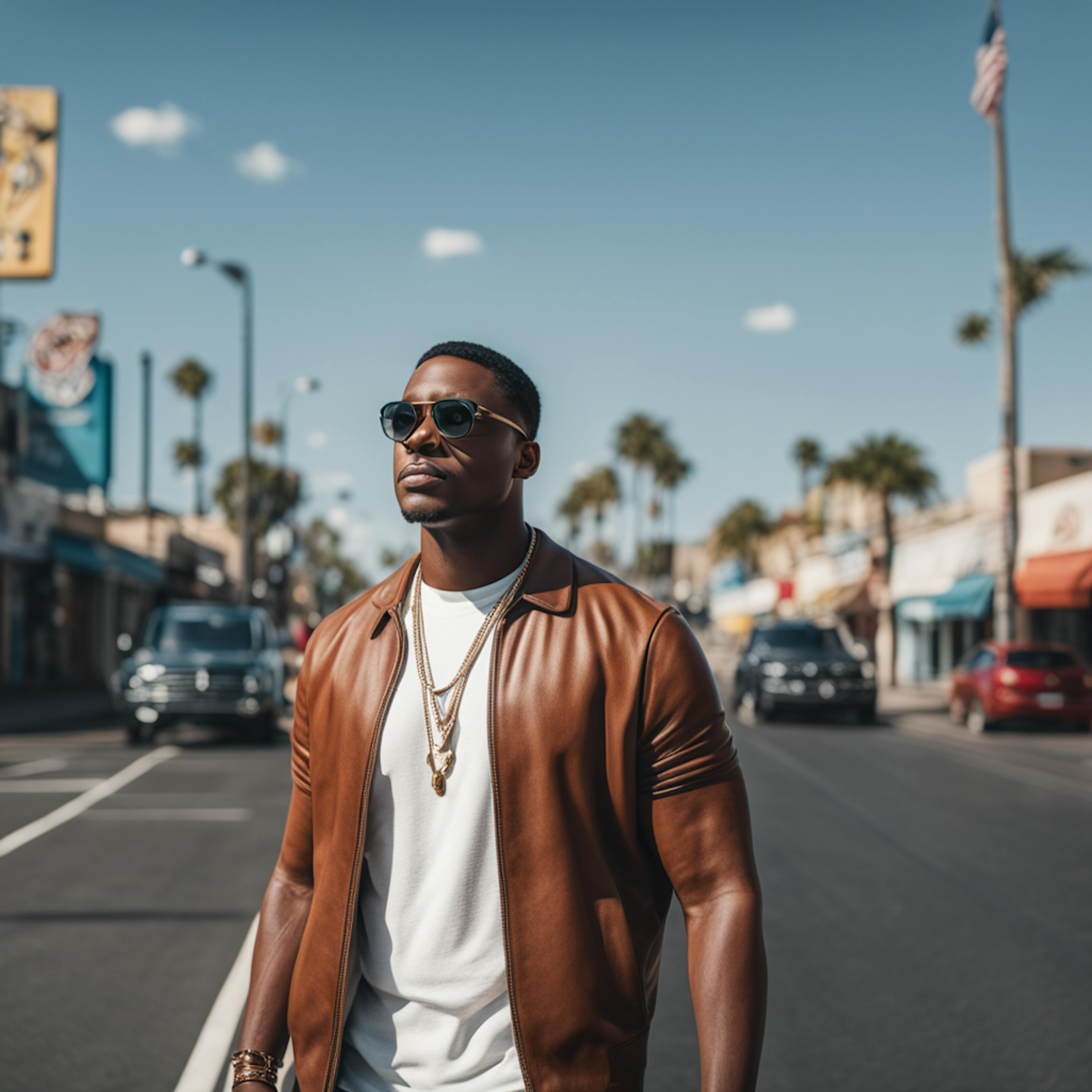 A stylish man wearing sunglasses and a leather jacket walks confidently down a city street, representing the dynamic and vibrant nature of social media marketing jobs.