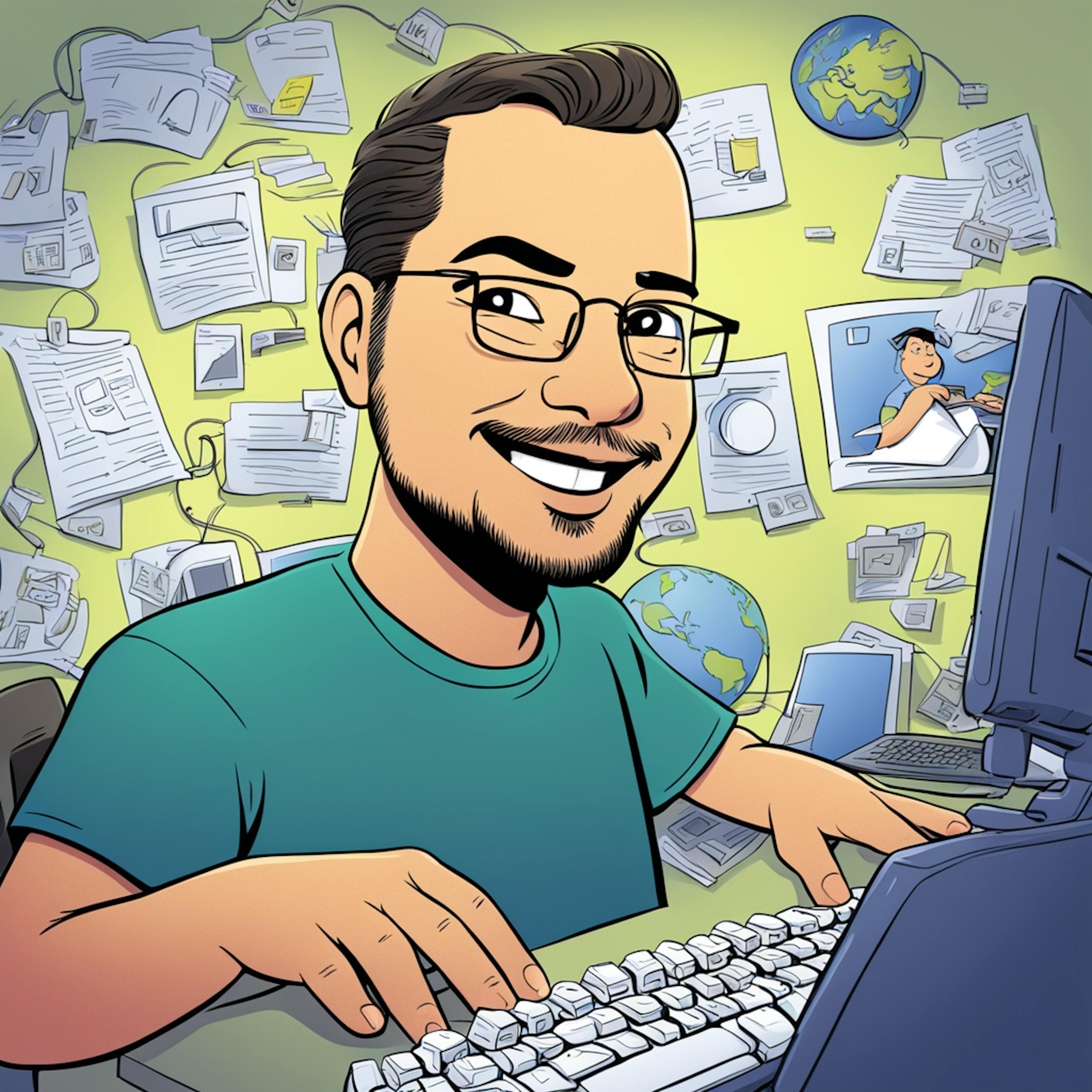 A smiling man with short hair and glasses is engaged in split testing for pricing at his computer. The background is filled with papers, maps, and a globe, creating a lively and dynamic workspace.