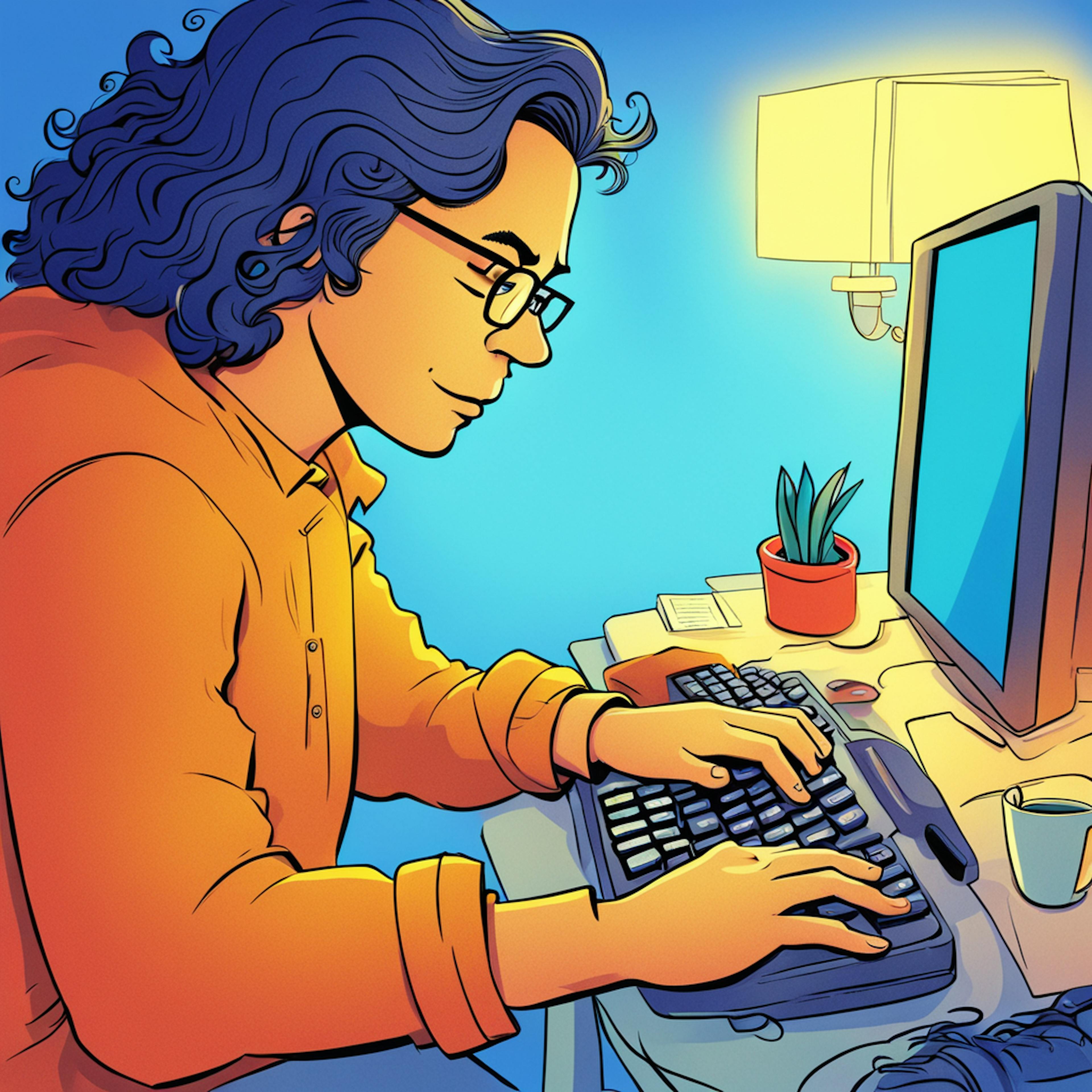 A person with wavy hair and glasses is working on a computer, focused on split testing for pricing. The setting is a cozy room with a desk lamp and a small potted plant.