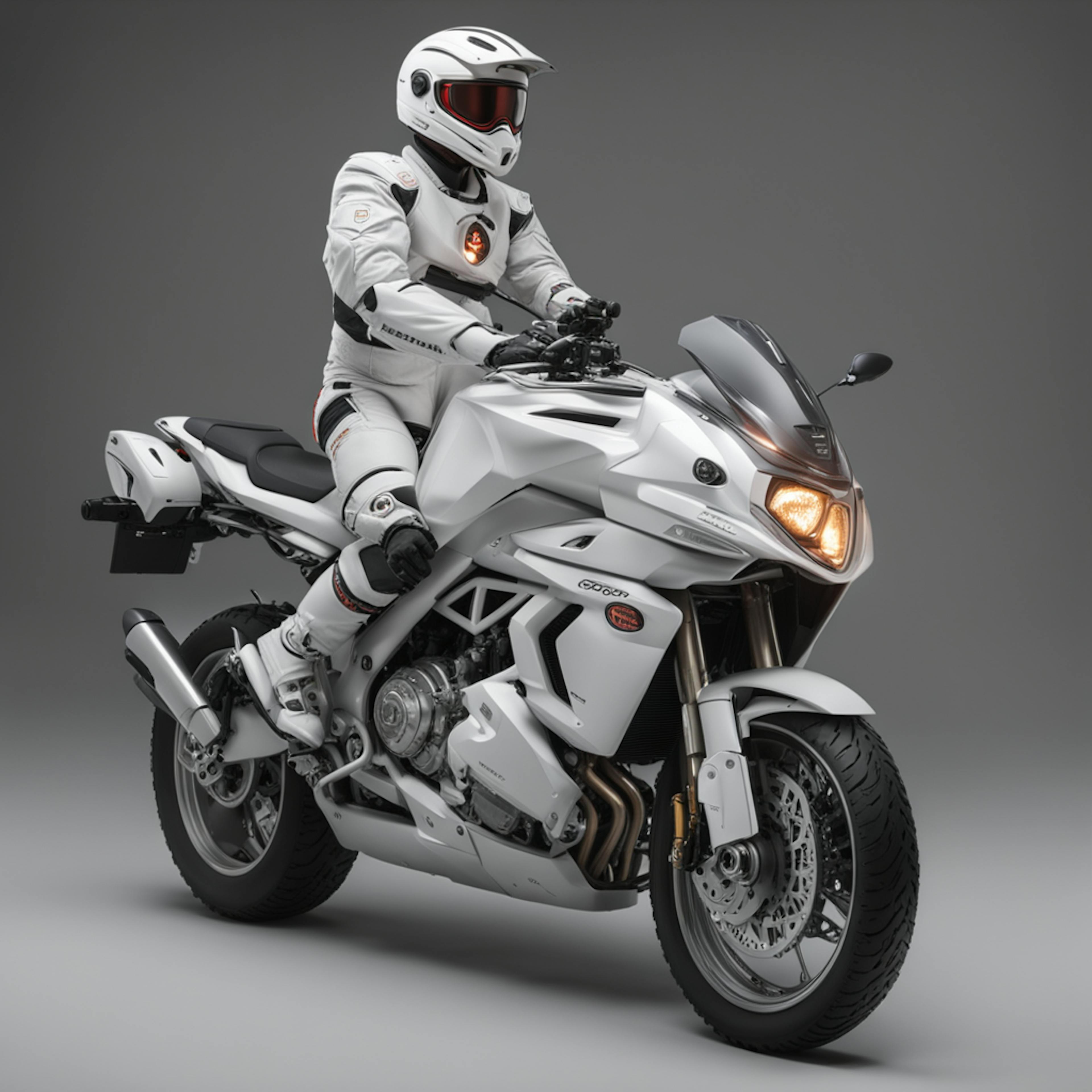 A person dressed in futuristic white motorcycle gear riding a sleek white motorcycle, representing the modern and innovative approach in small business website design.