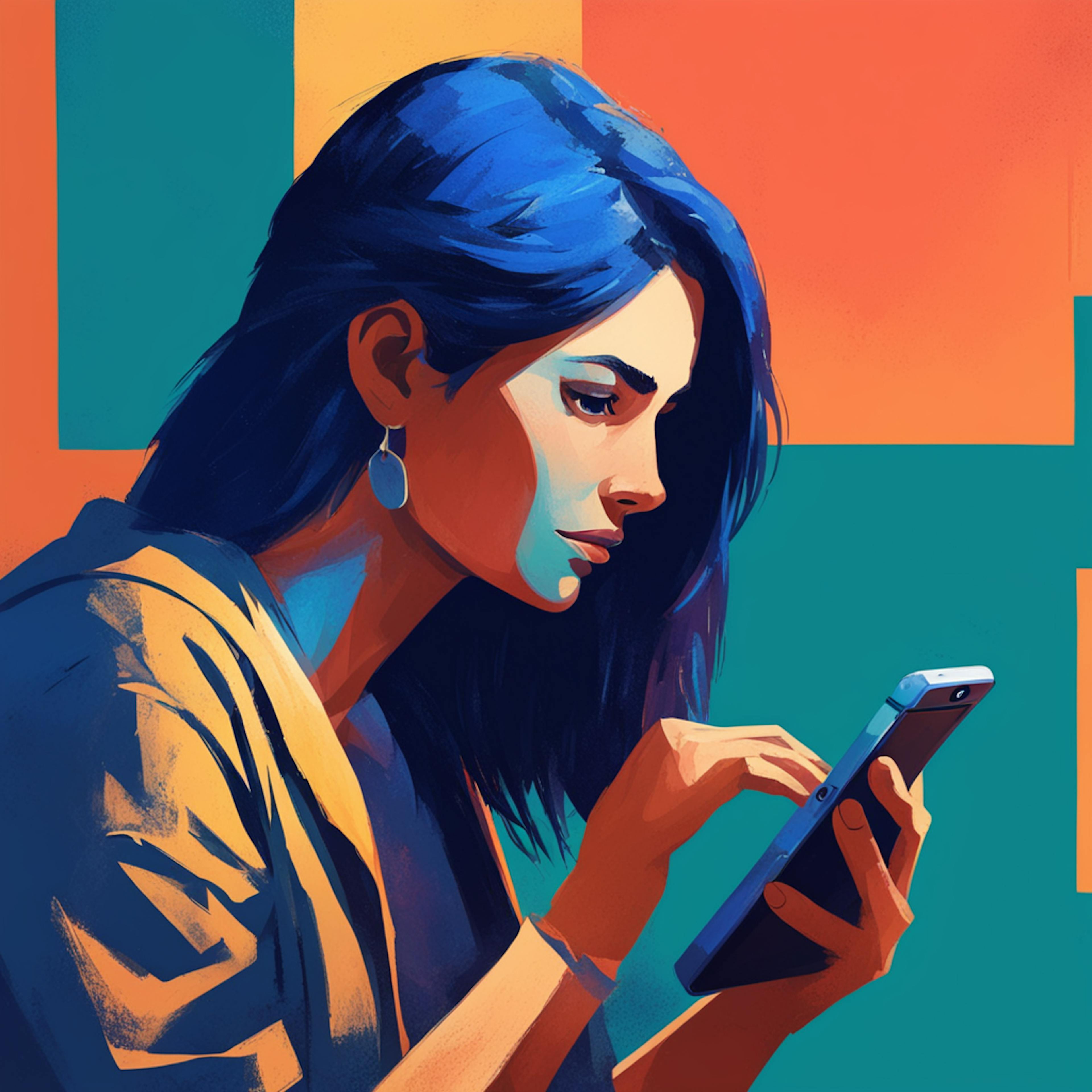 A woman with blue hair focuses intently on her smartphone against a colorful geometric background, representing the creative and innovative strategies employed by social media marketing companies.