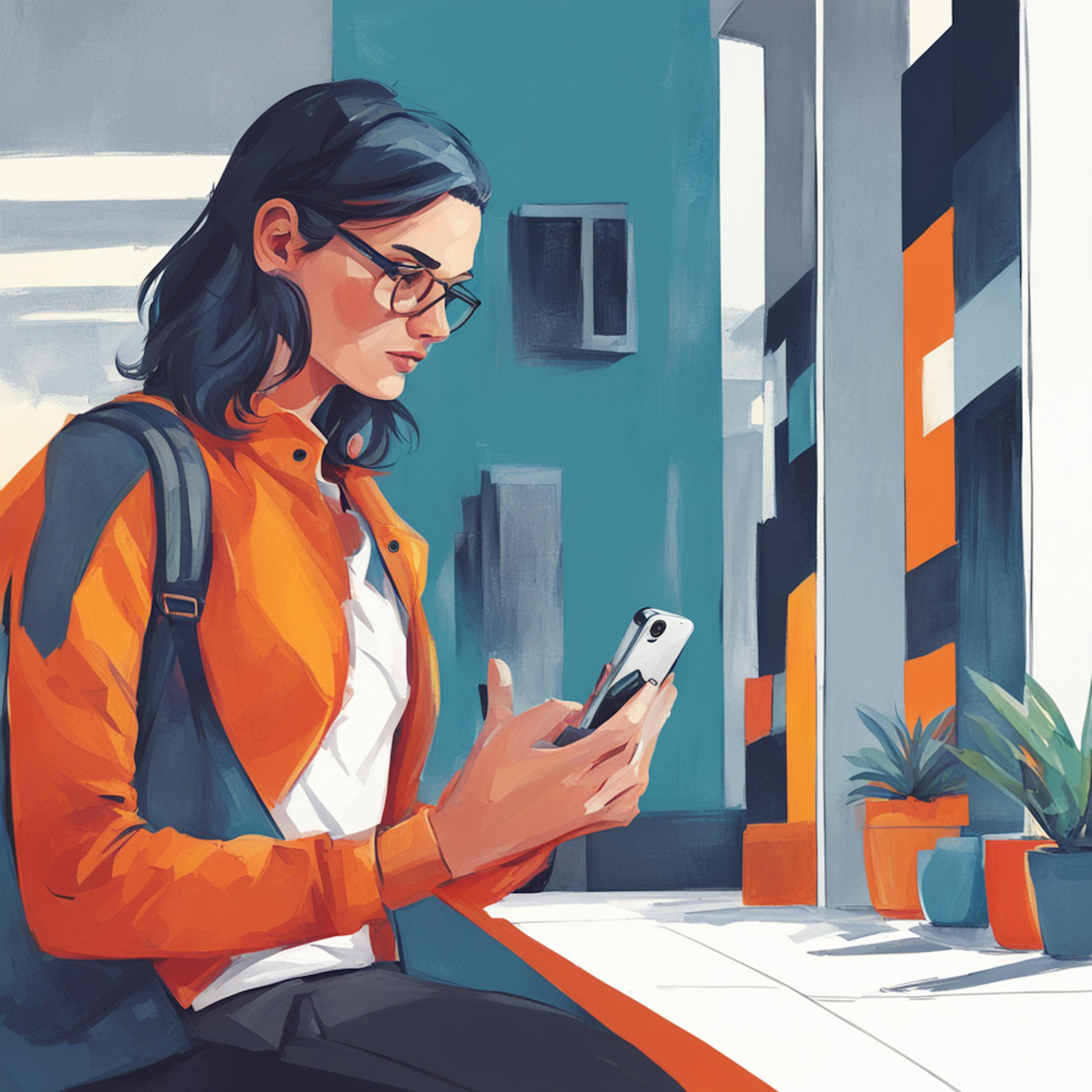 A woman with dark hair and glasses wearing an orange jacket is engrossed in her smartphone, symbolizing the work done by social media marketing companies in modern, urban settings.