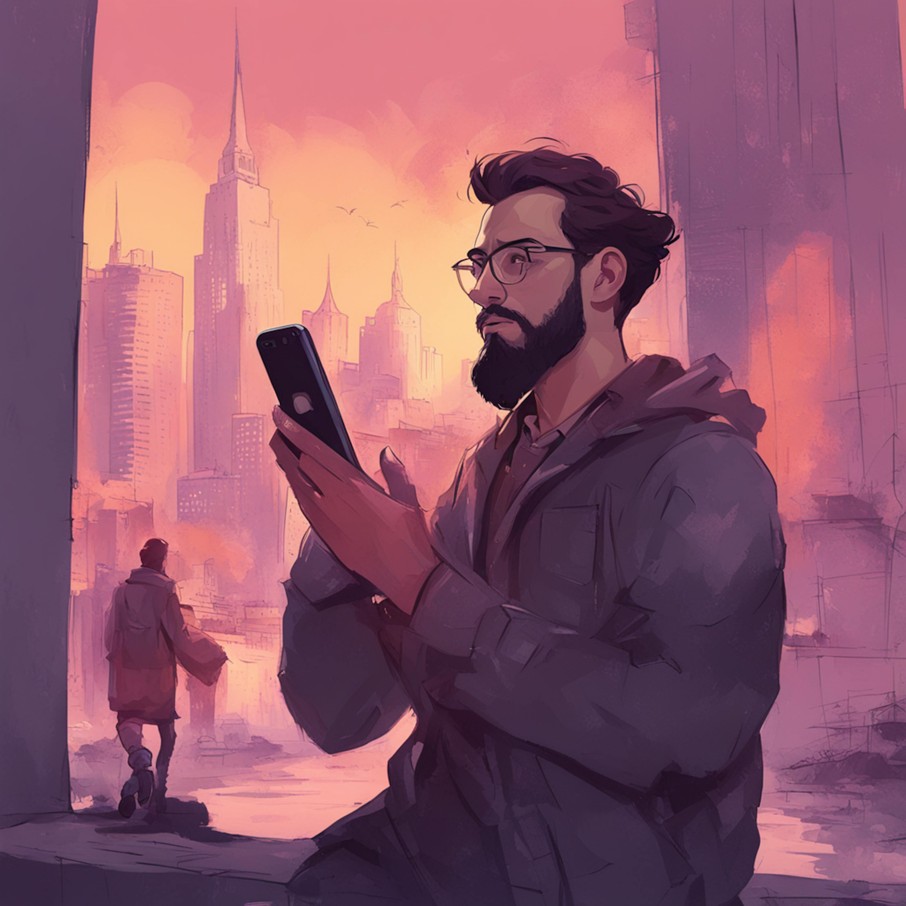 A bearded man with glasses is checking his smartphone against a cityscape backdrop at sunset, reflecting the connectivity and dynamic nature of social media marketing companies.