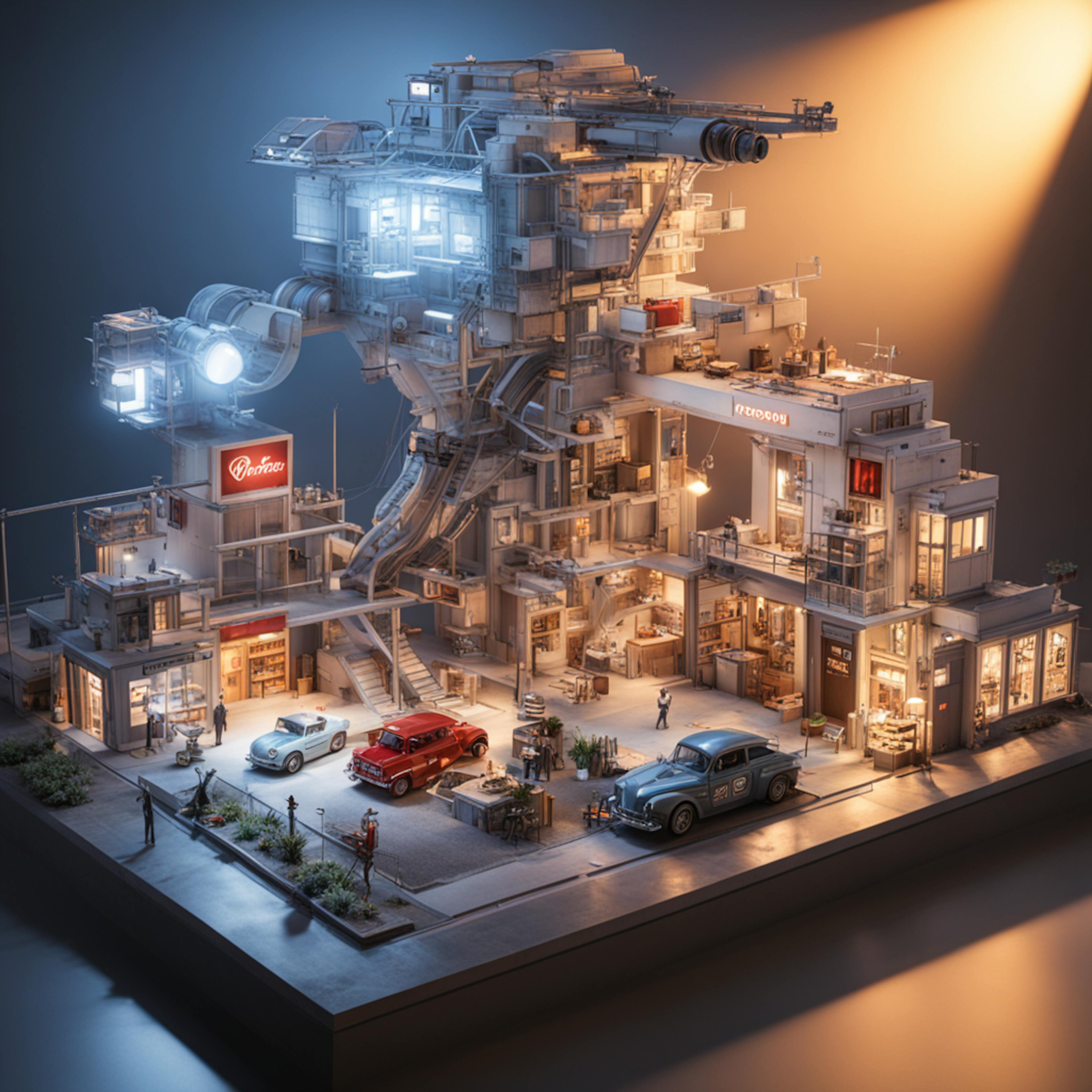 A highly detailed diorama featuring a futuristic building with multiple levels, vehicles, and miniature people, symbolizing the complex and multi-layered strategies used in social media ad campaigns.