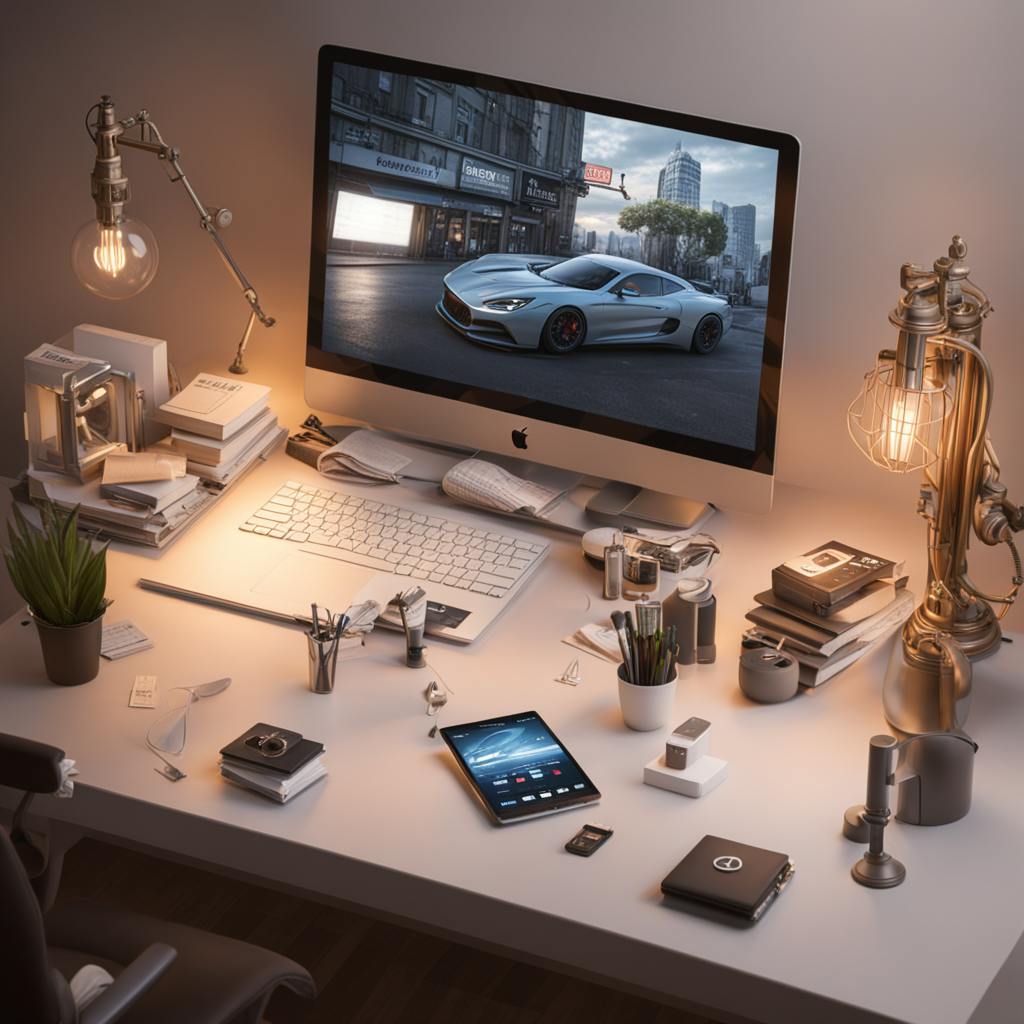 A modern desk setup with a computer displaying an image of a sleek car, surrounded by various office supplies and gadgets, illustrating the sophisticated and detailed planning involved in social media ad campaigns.