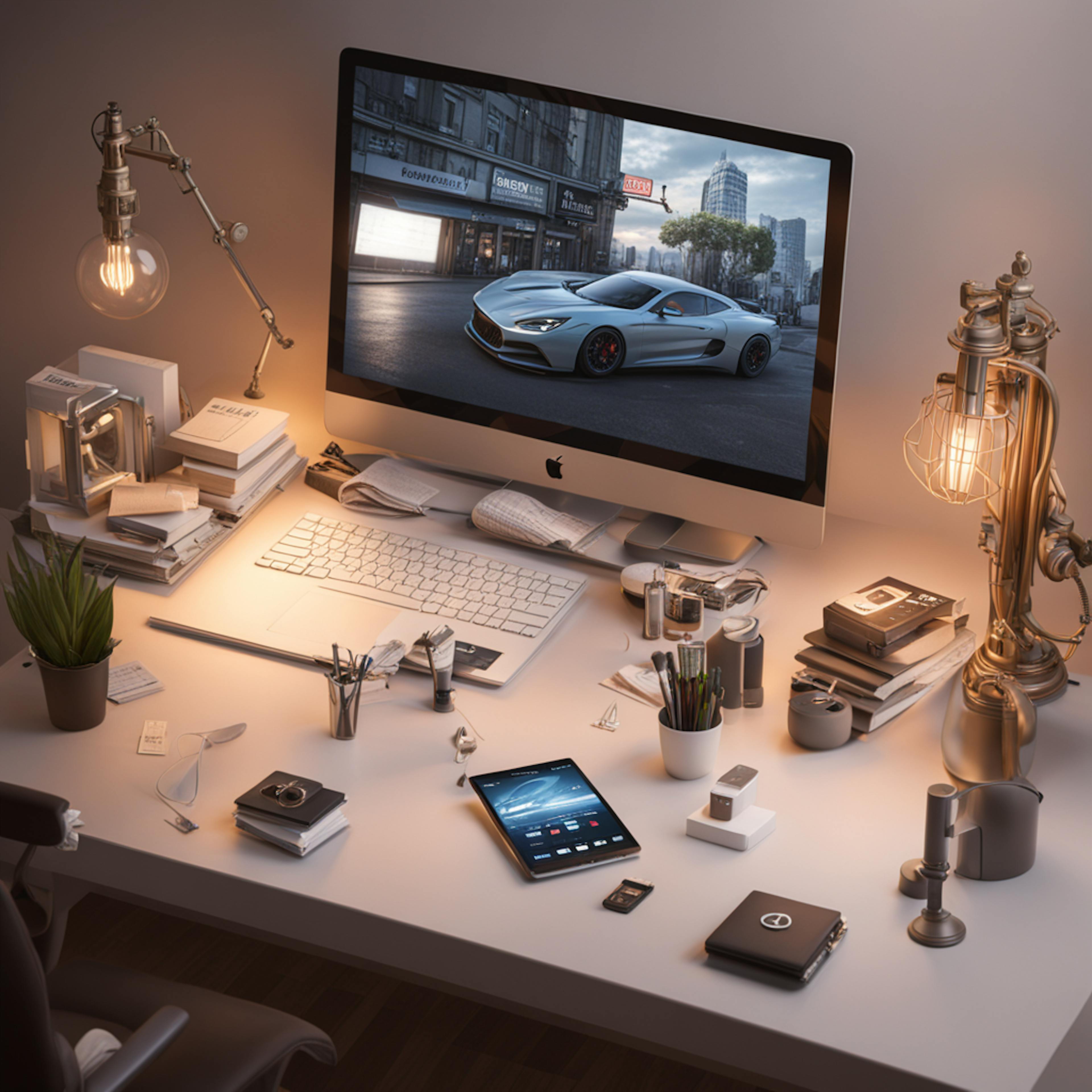 A modern desk setup with a computer displaying an image of a sleek car, surrounded by various office supplies and gadgets, illustrating the sophisticated and detailed planning involved in social media ad campaigns.