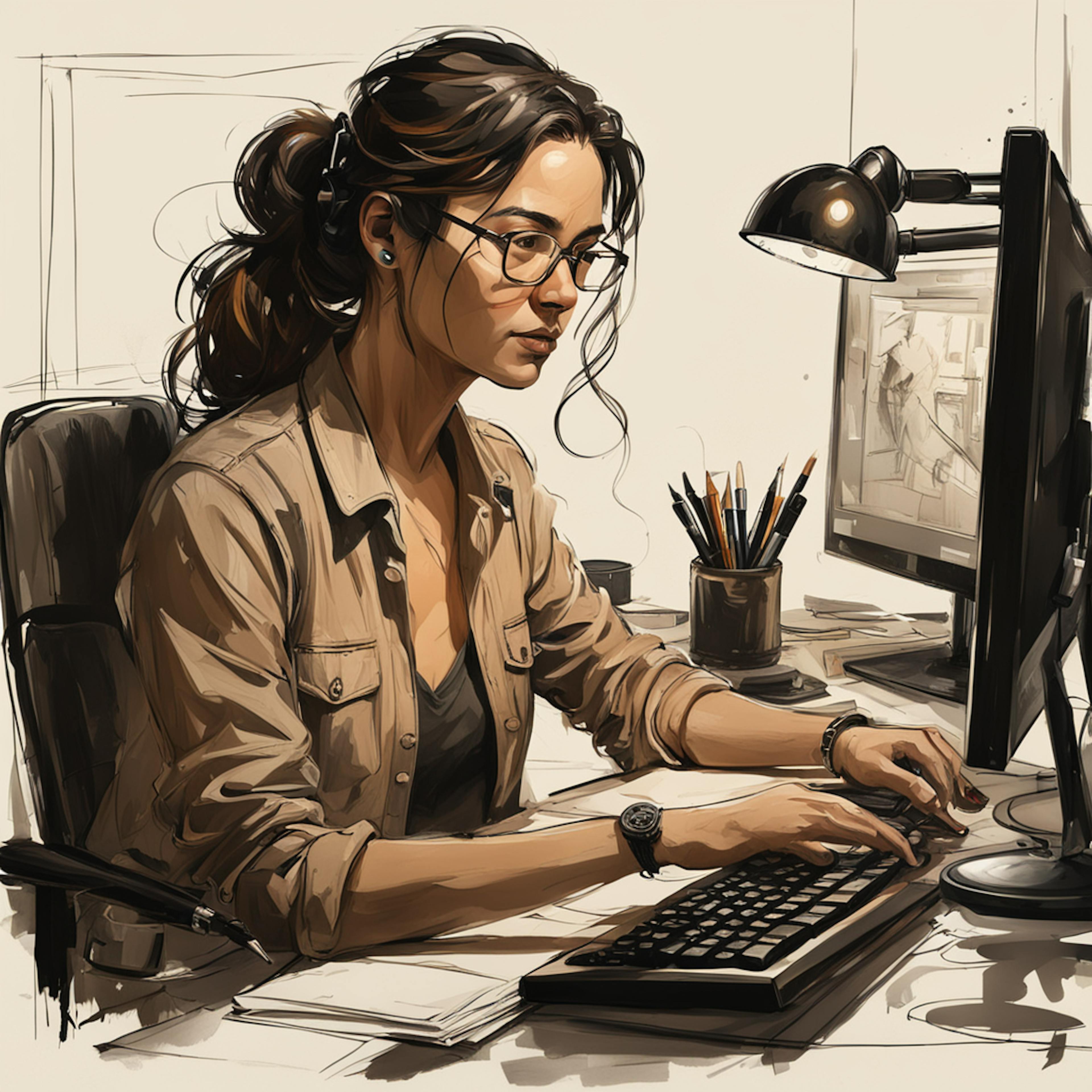 A woman with glasses and a ponytail working diligently at her computer in an organized office, representing the meticulous planning and strategy work done by small business marketing consultants.