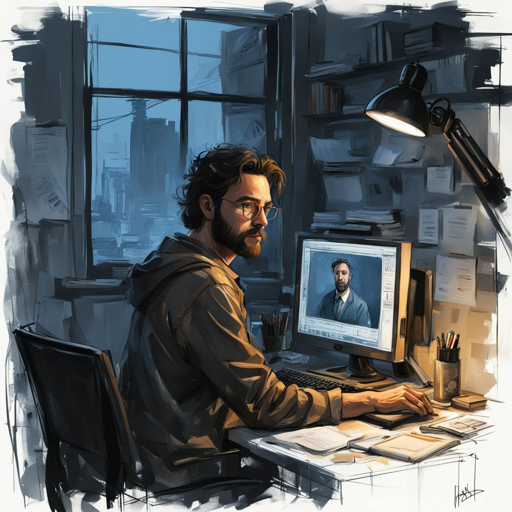 A bearded man wearing glasses working late at a desk with a computer, focused on a project, symbolizing the dedication and expertise of small business marketing consultants.