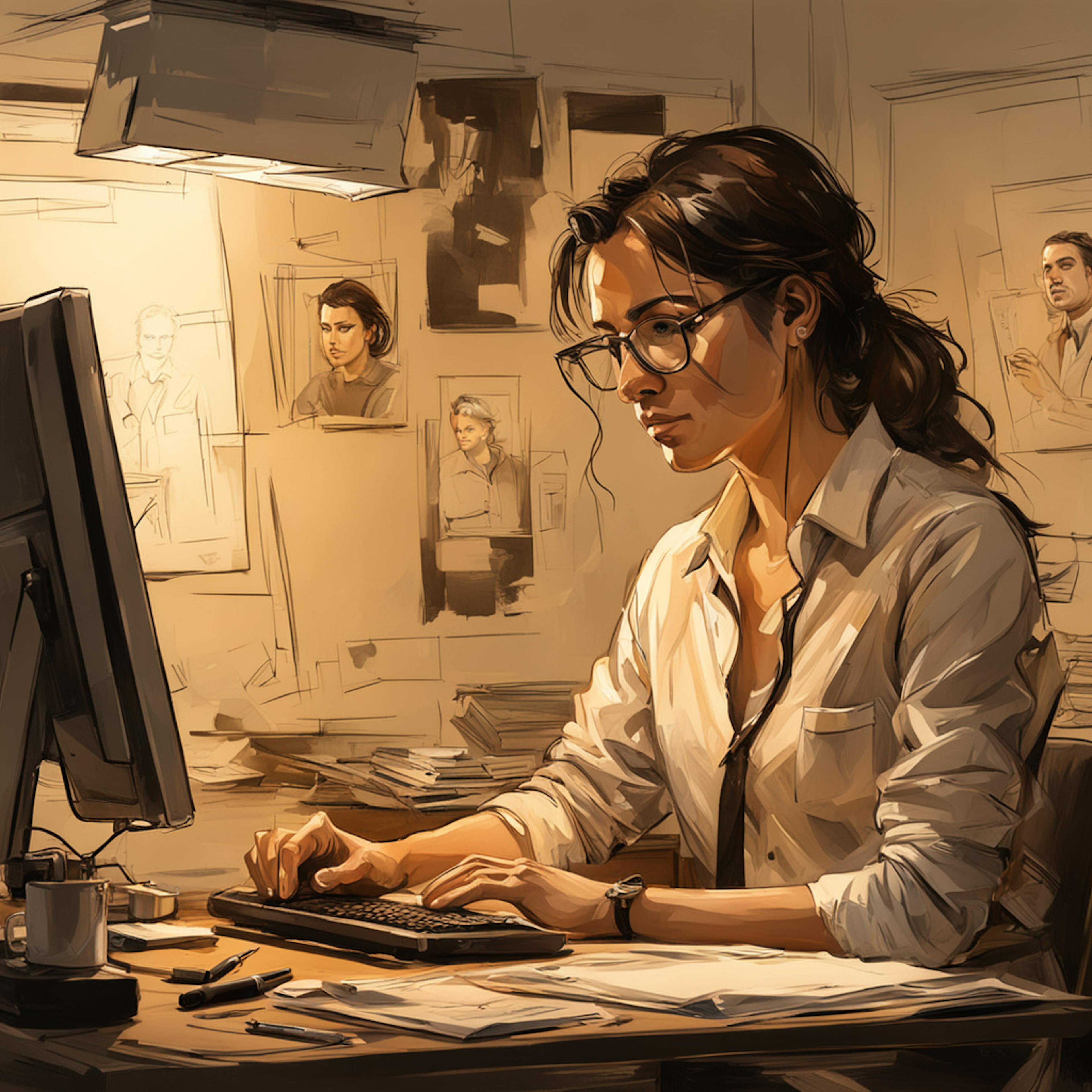 A woman with glasses working on her computer in an office filled with sketches and documents, reflecting the creativity and detailed work of small business marketing consultants.