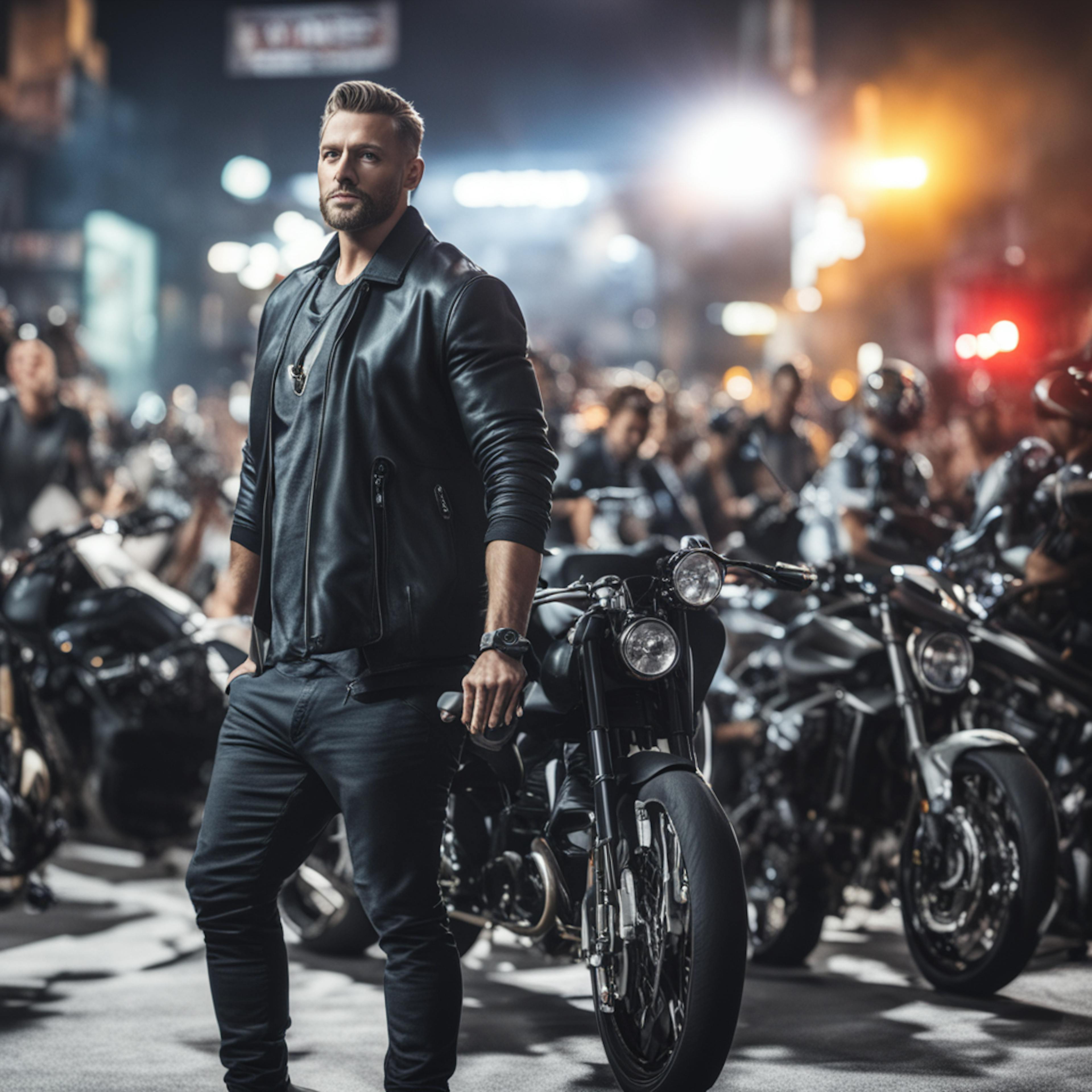 A confident man in a black leather jacket standing in front of a group of motorcycles at night, representing the bold and strategic approaches used in small business consulting marketing.