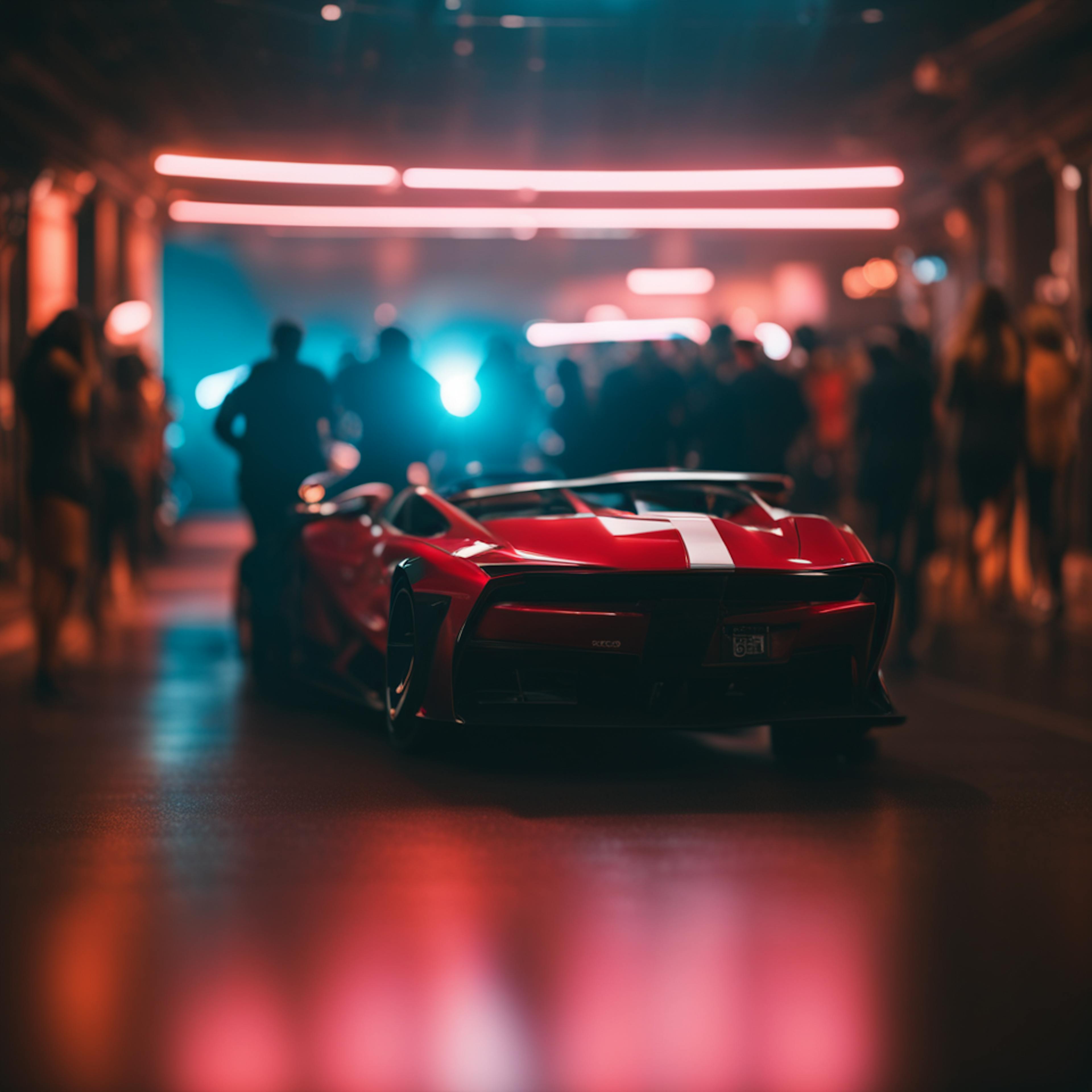 A sleek red sports car with white stripes surrounded by a crowd in a neon-lit environment, symbolizing the high-energy and innovative techniques utilized in small business consulting marketing.