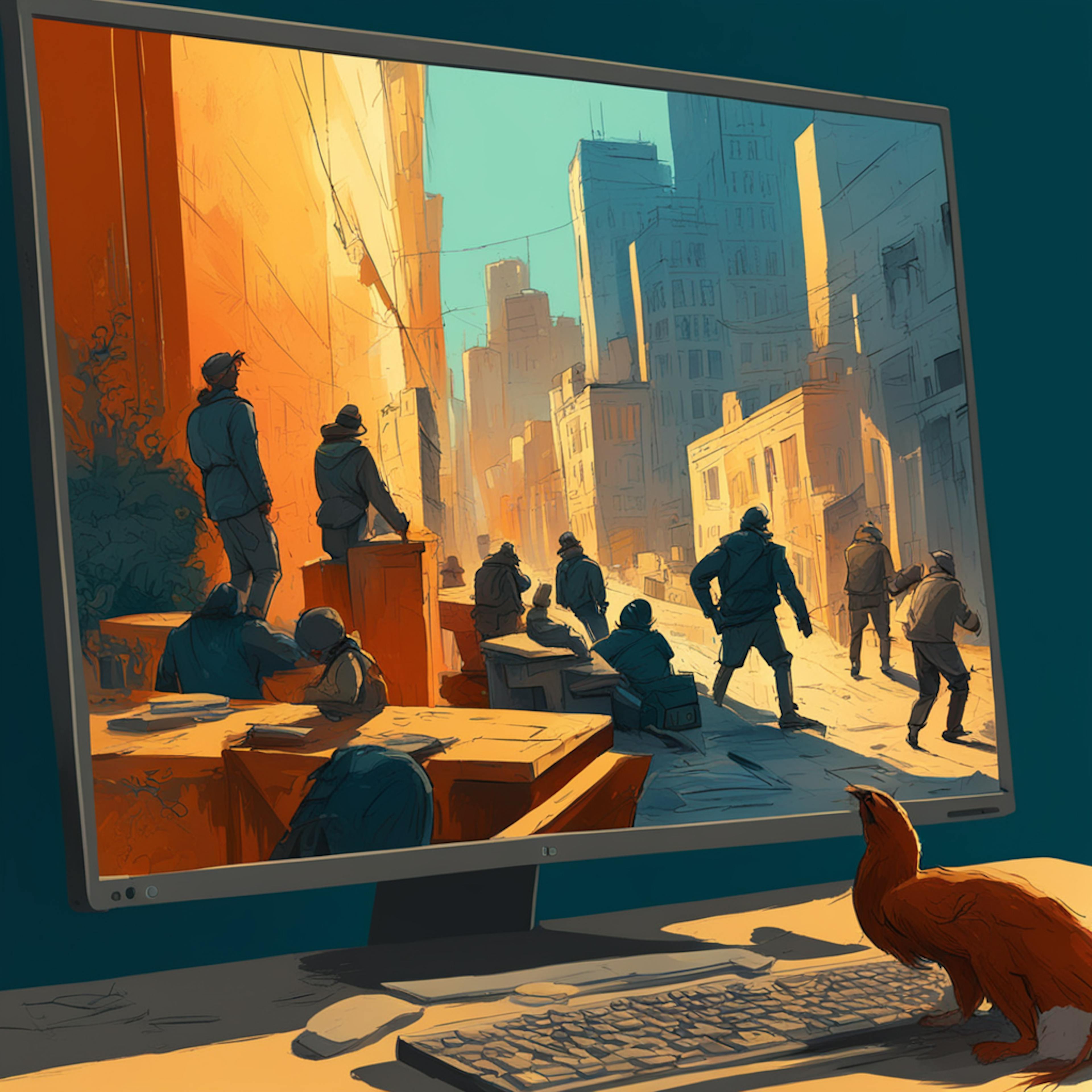 A digital illustration of people walking through a cityscape that appears on a large computer monitor, with a small bird observing from the desk in the foreground. This image reflects the intersection of urban complexity and the meticulous nature of PPC ad management