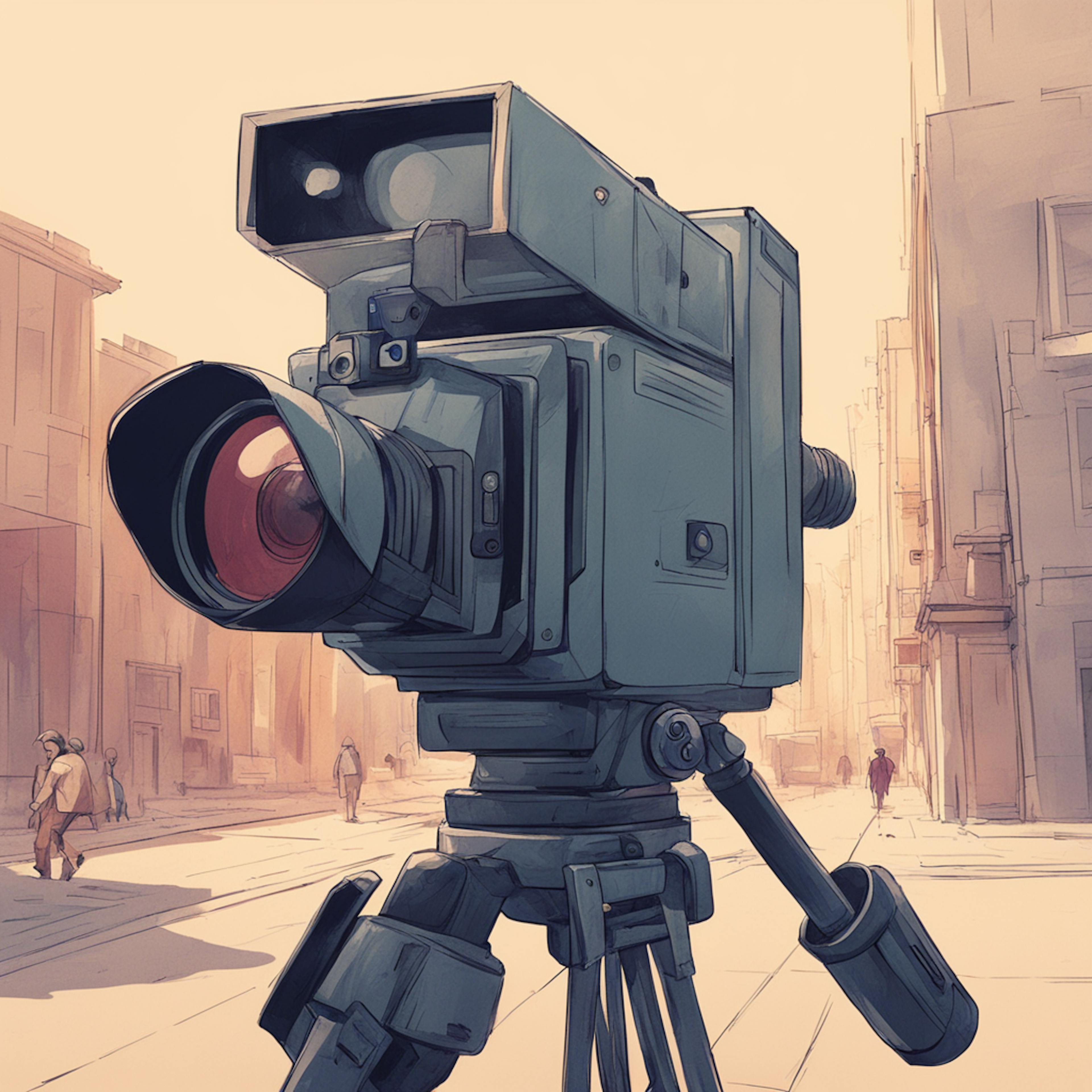 A stylized digital illustration of a vintage video camera set up on a tripod in an urban street, symbolizing the creation and production of marketing videos with a focus on capturing the essence of city life.