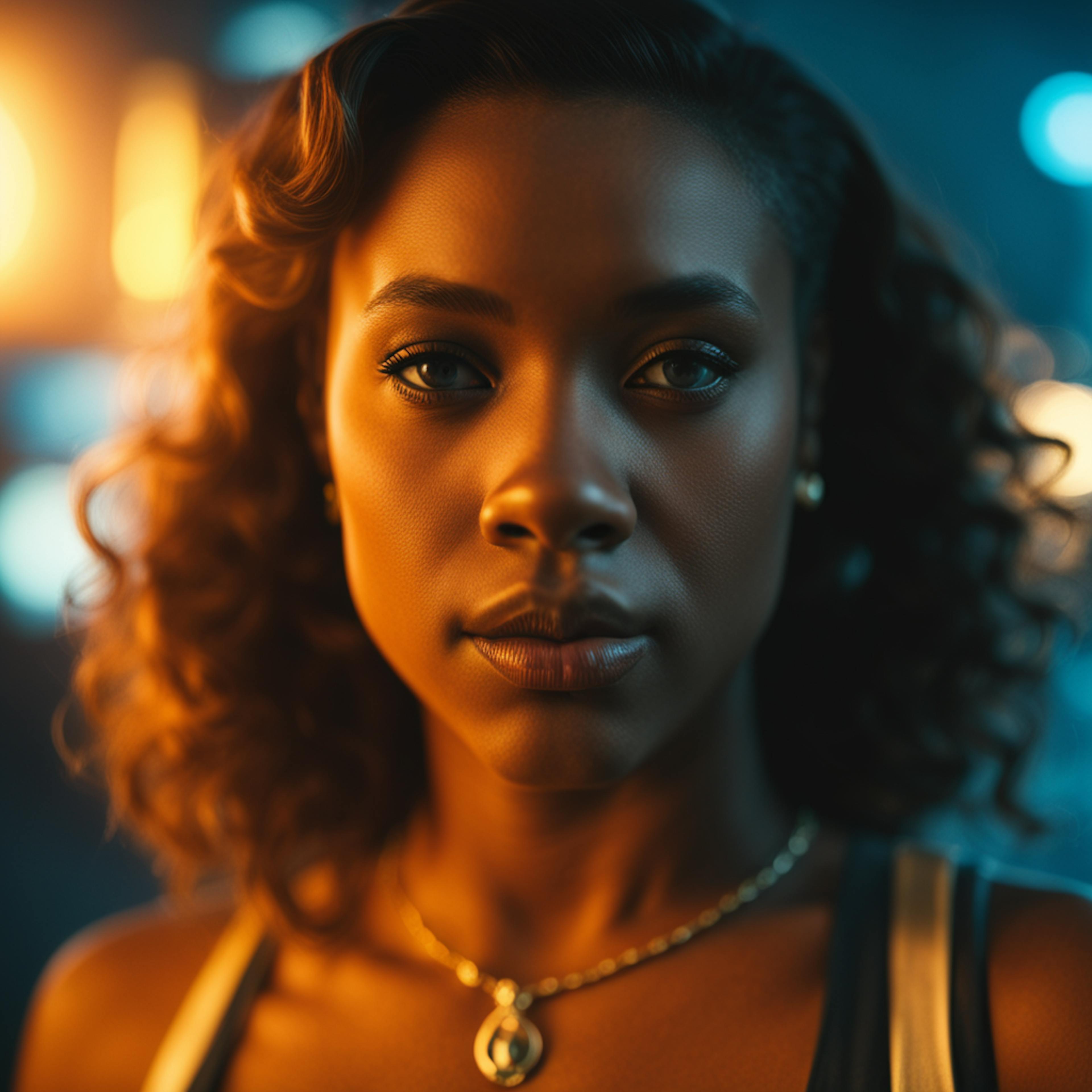 A close-up portrait of a confident young woman with soft, glowing lights in the background, representing the impactful presence and personal connection essential for effective marketing on social media.