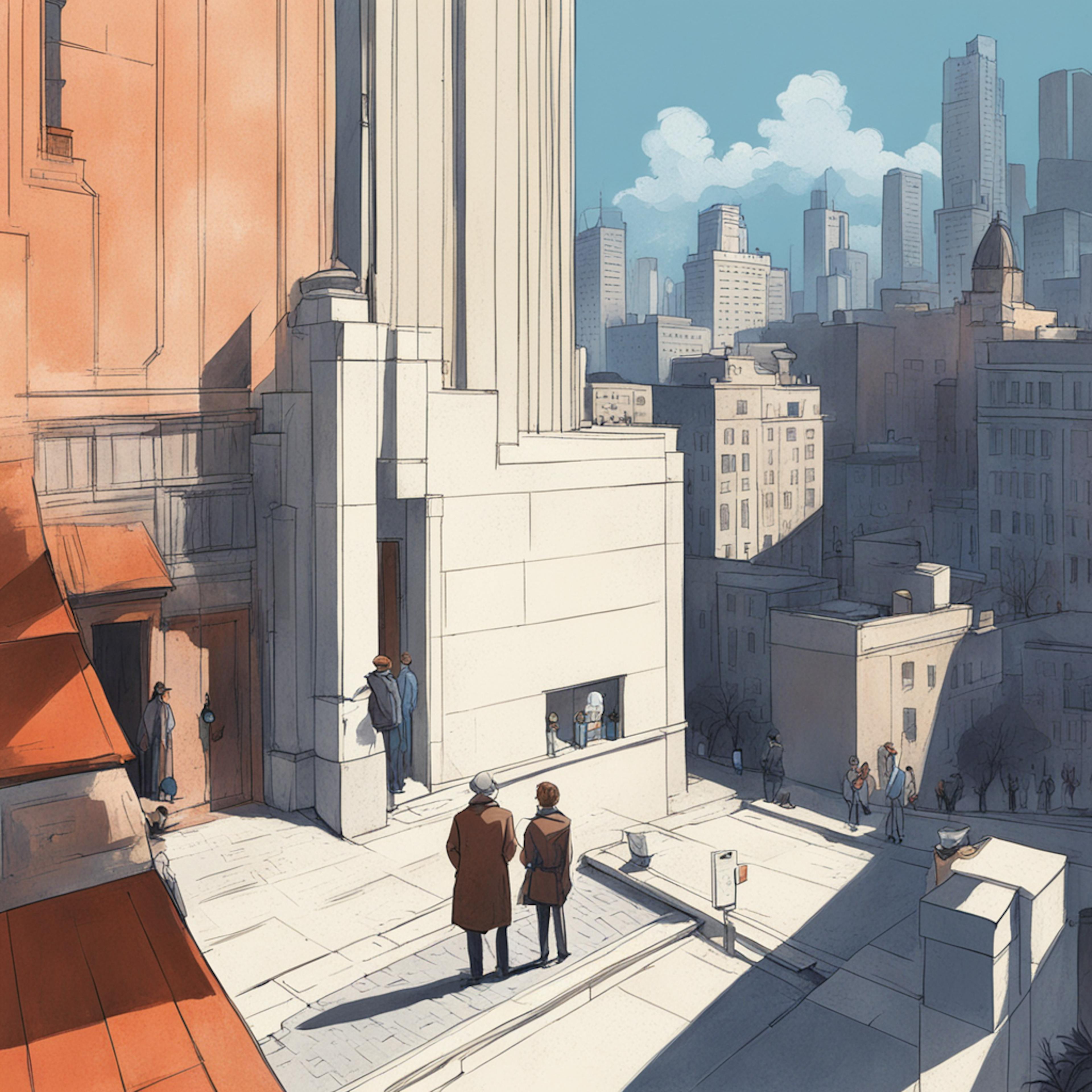 An illustration of a bustling cityscape with individuals gathered outside a large, elegant building, symbolizing strategic discussions and professional advice. This image represents the role of a marketing consultant for small businesses, helping them navigate complex markets and achieve growth in urban environments.