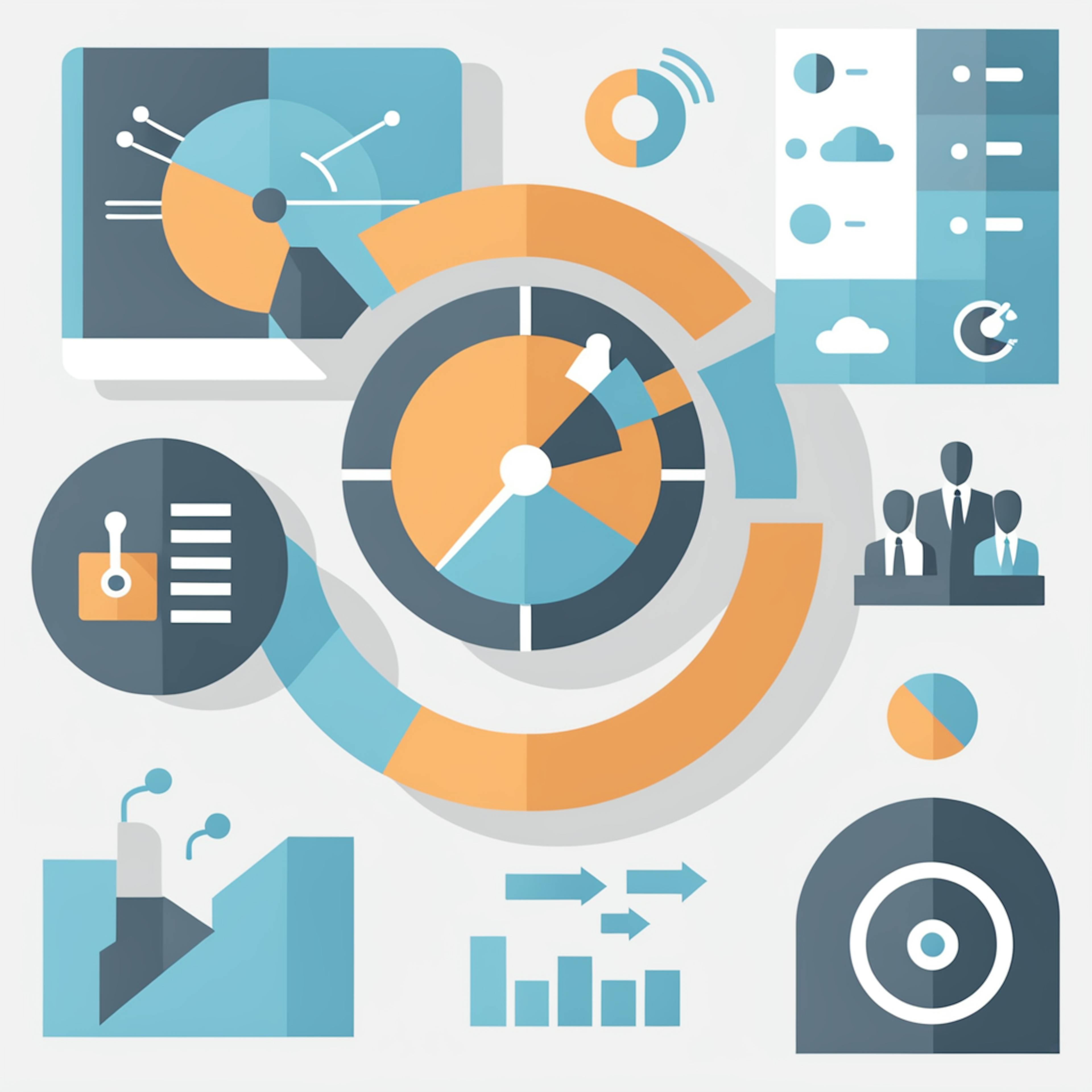 A collection of circular graphs, pie charts, and data-related icons arranged in a grid, representing the comprehensive and interconnected aspects of marketing and analytics.