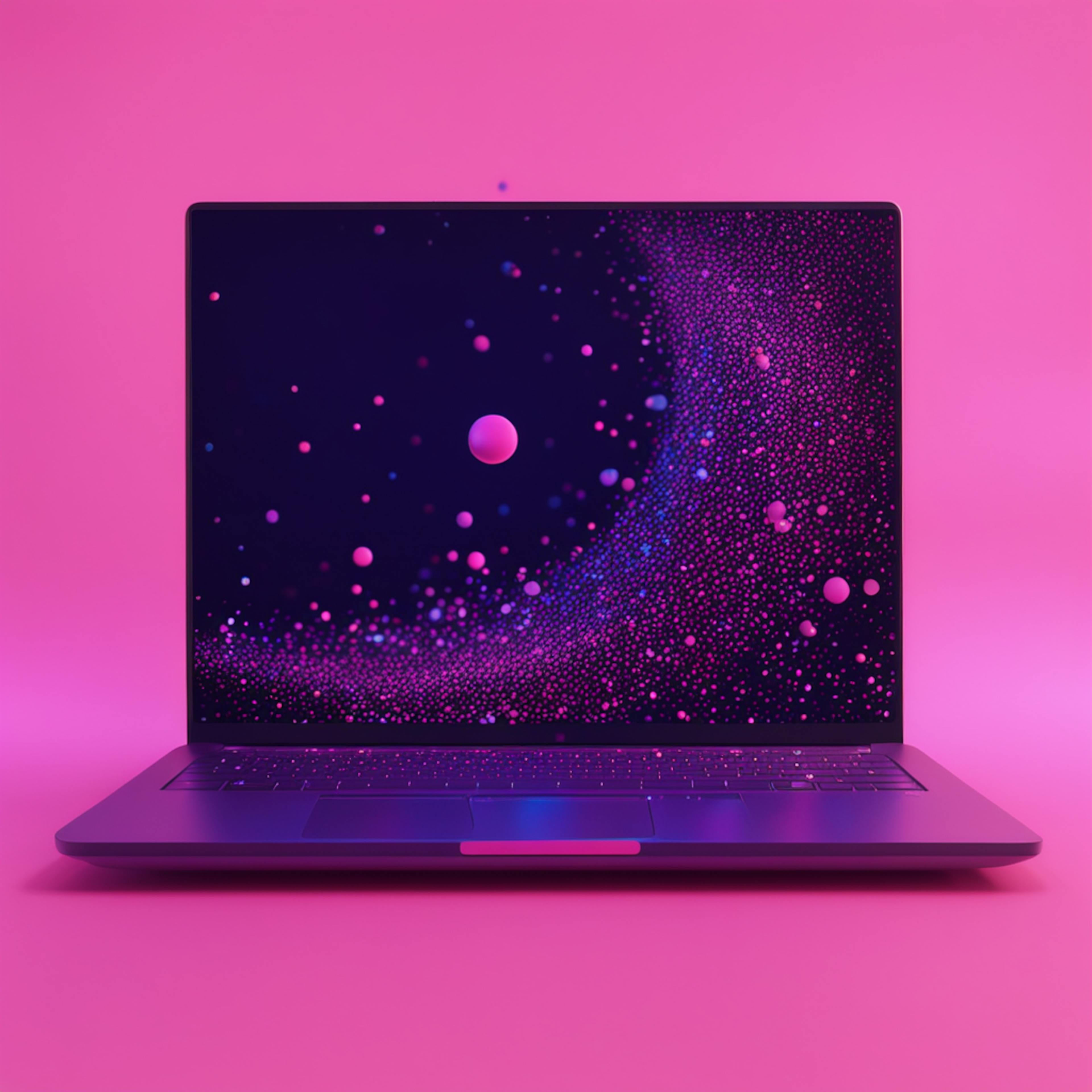 A laptop showing a swirling pattern of pink and purple particles on its screen, set against a vivid pink background, representing the sleek and modern interface of a SaaS landing page.