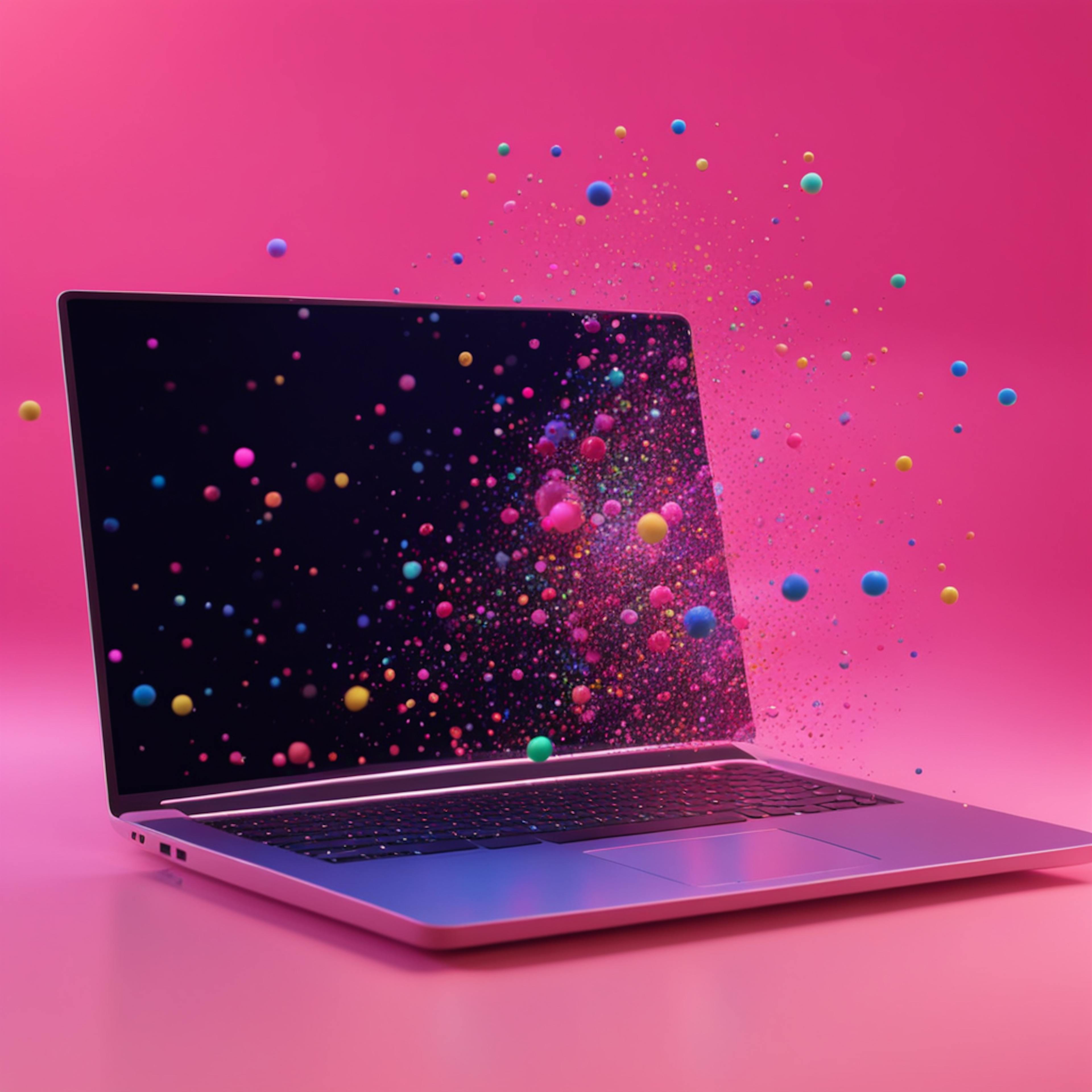 A laptop with a vibrant display of colorful particles and spheres bursting from the screen against a pink background, illustrating the dynamic and engaging design of a SaaS landing page