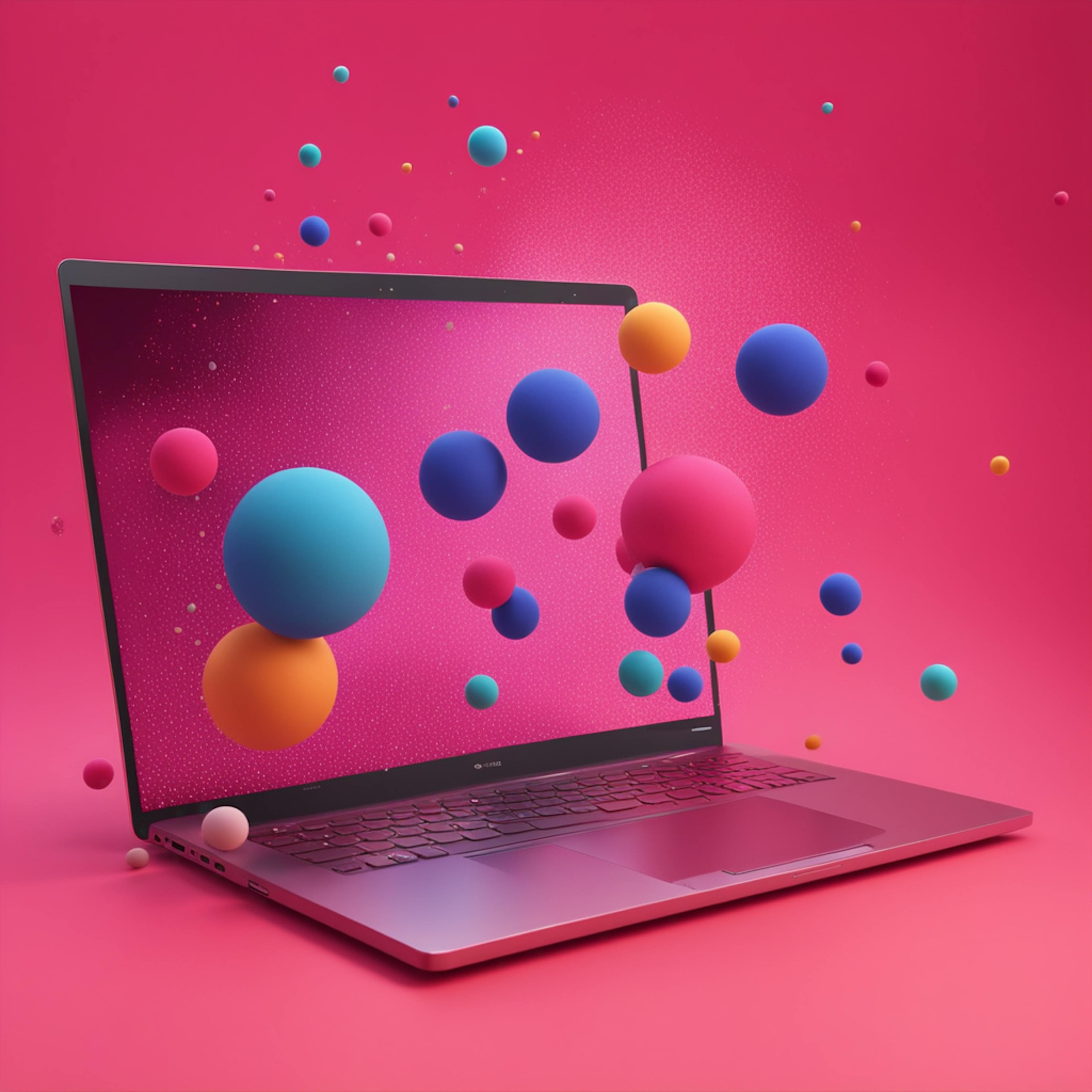 A laptop with colorful 3D spheres emerging from the screen, set against a bright pink backdrop, symbolizing the innovative and interactive elements of a SaaS landing page.