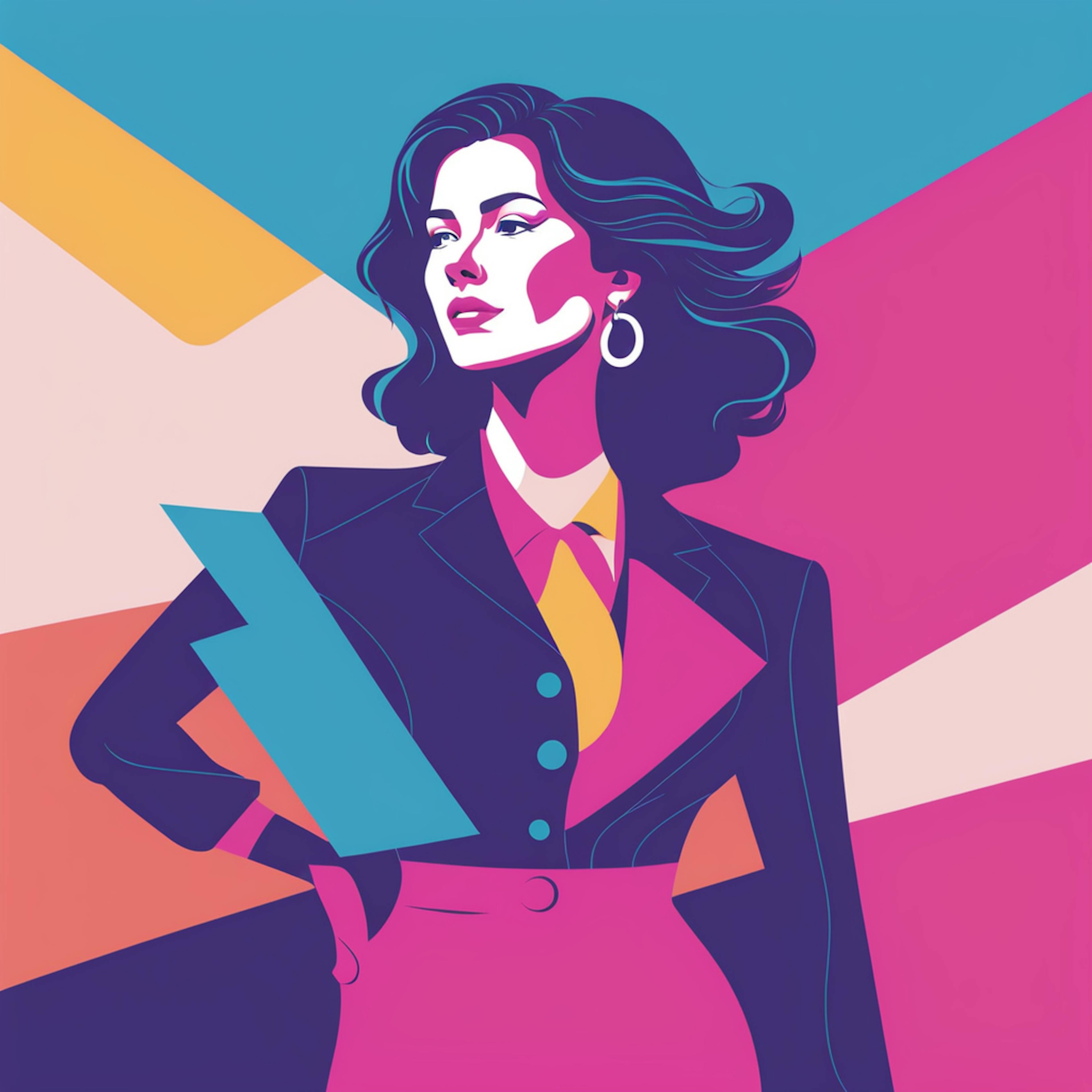 A bold and striking illustration of a woman in a power pose, dressed in a tailored suit, embodying leadership and expertise in SEO social media marketing services.