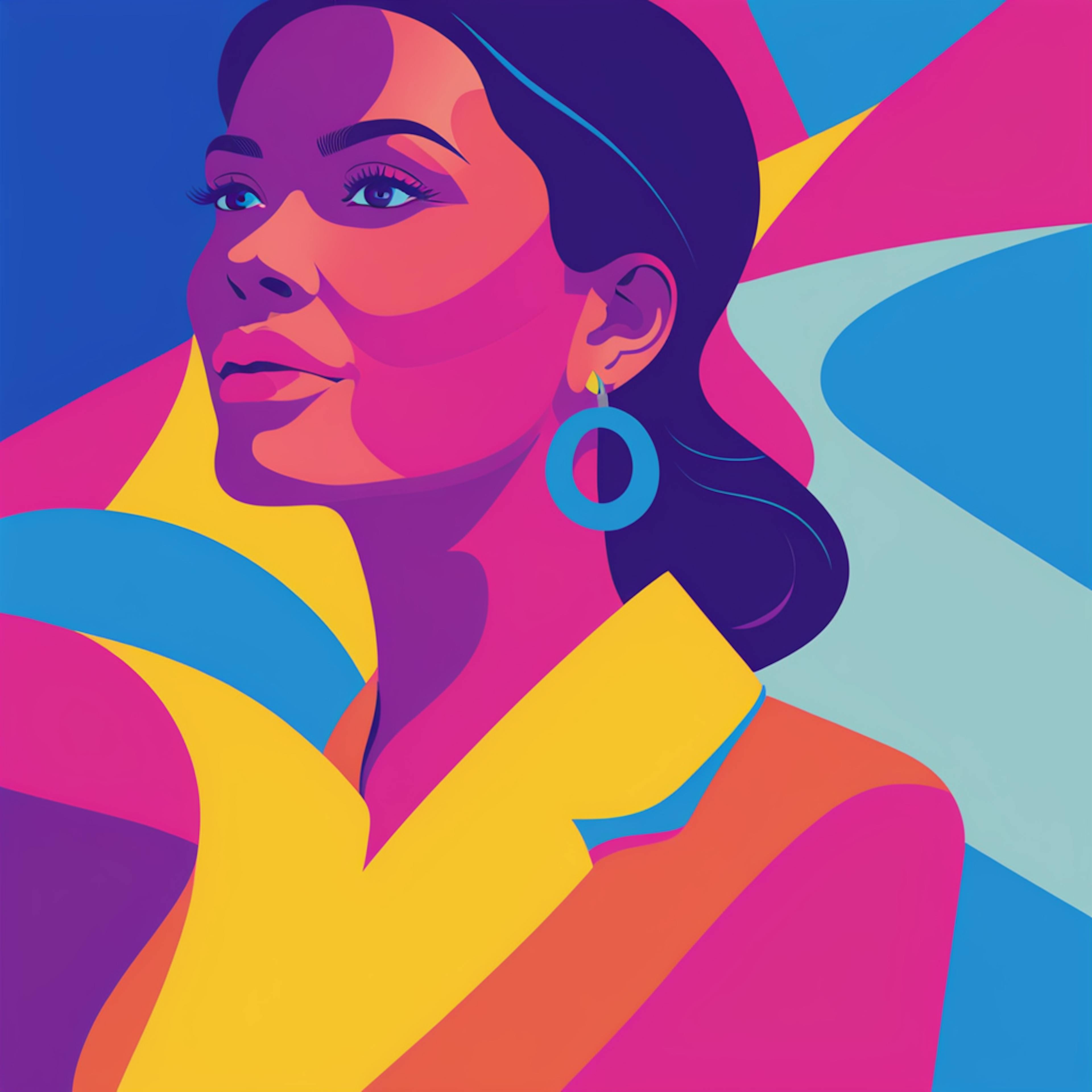 A vibrant and colorful illustration of a confident woman with a serene expression, symbolizing creativity and strategy in SEO social media marketing services.