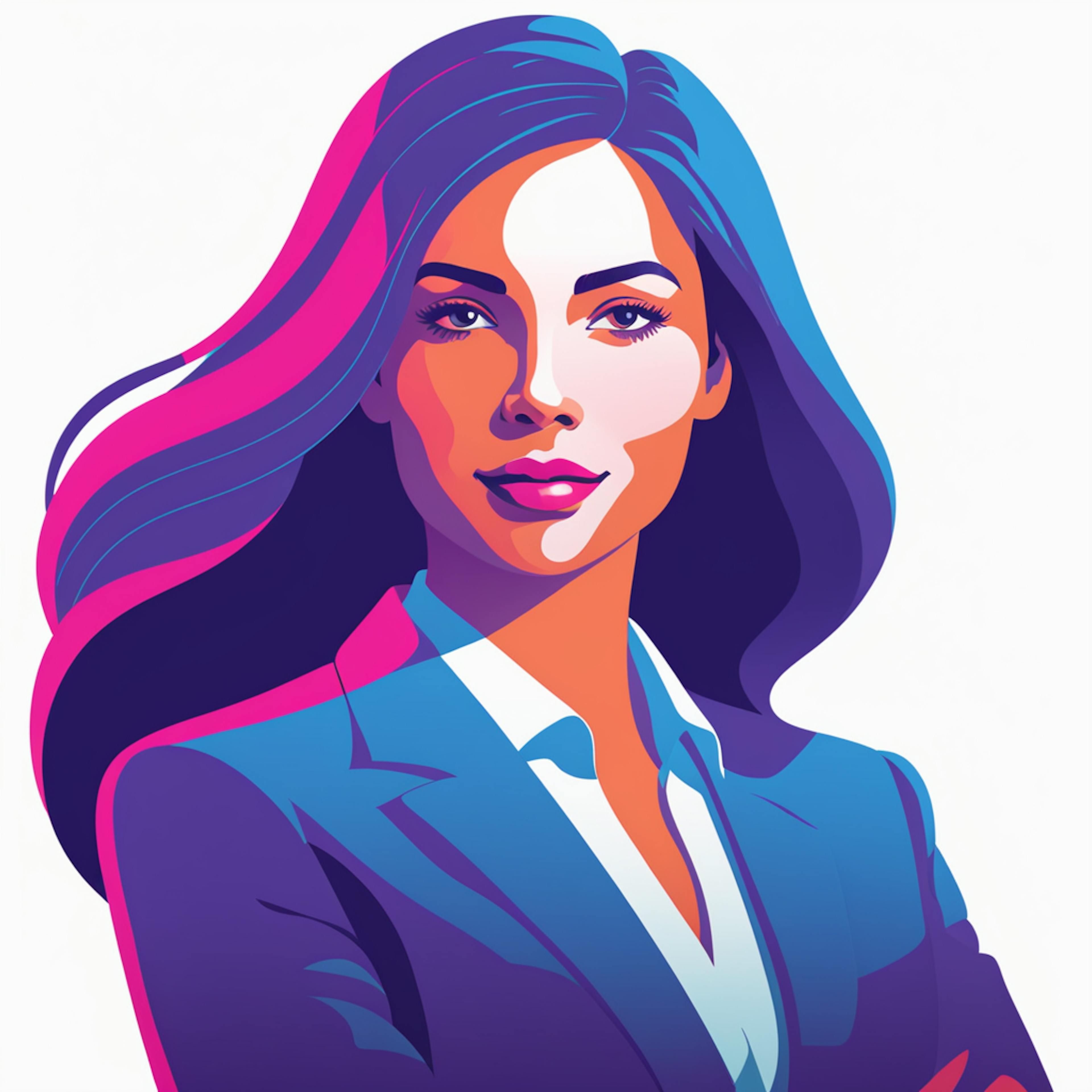 A modern, stylized portrait of a professional woman with long flowing hair, dressed in business attire, representing the dynamic and innovative approach of SEO social media marketing services.