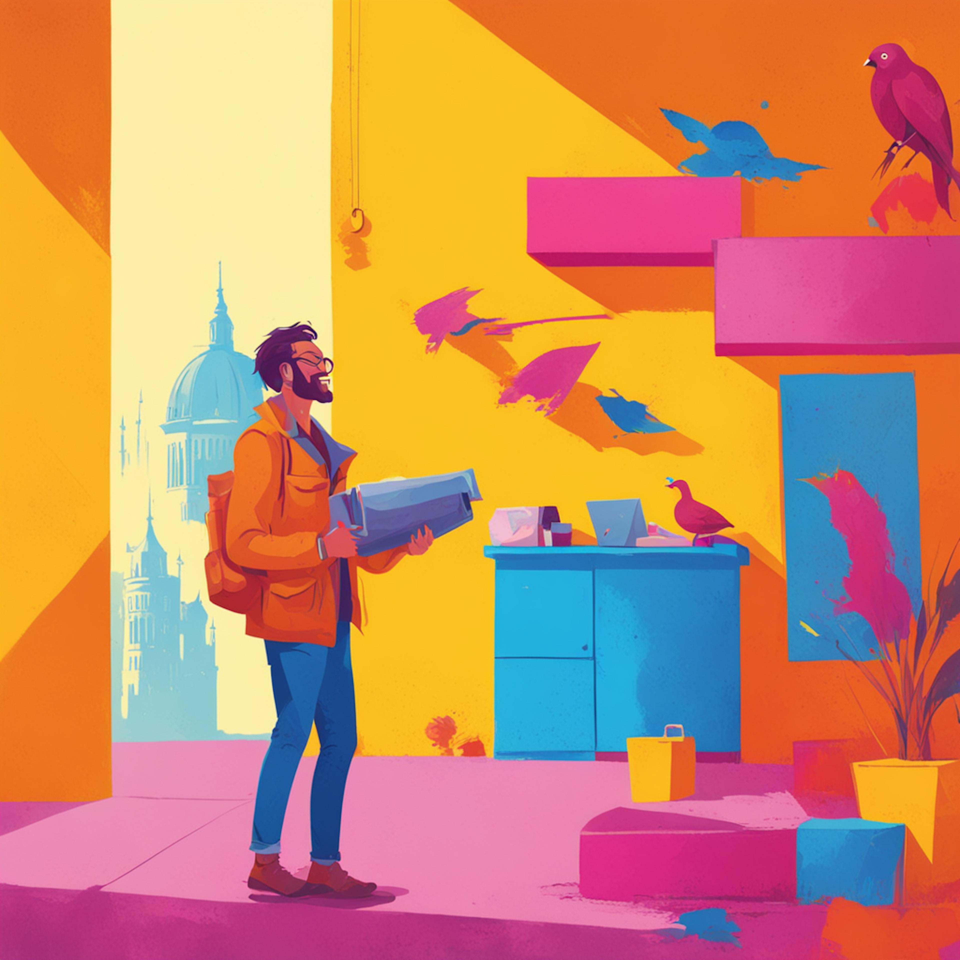 A vibrant illustration of a man holding blueprints, standing in a colorful urban setting with birds flying around, symbolizing creativity and innovation, ideal for a product launch landing page.