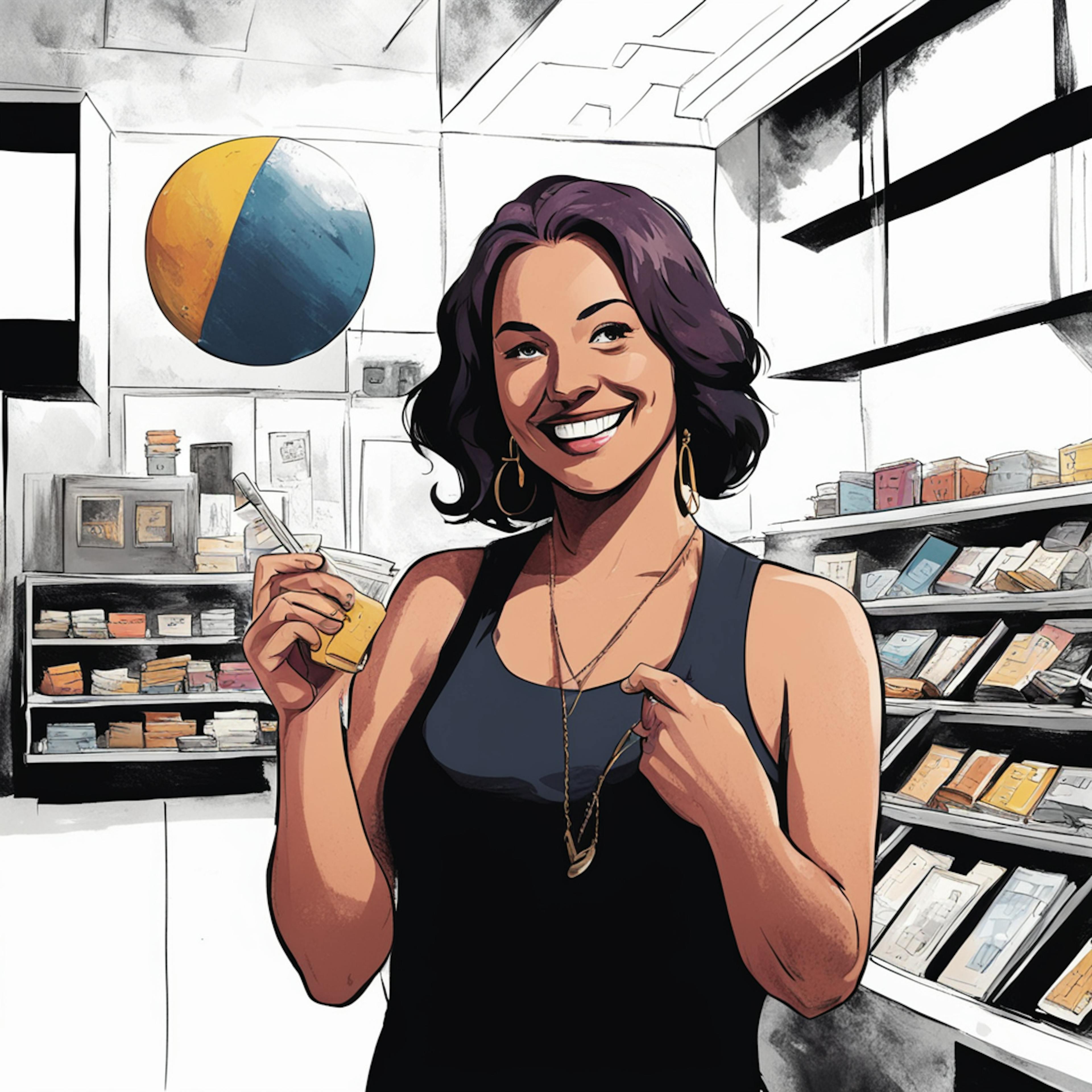 A smiling woman in a retail environment holding a product sample, surrounded by shelves filled with various items, representing a welcoming and engaging atmosphere, perfect for a product launch landing page