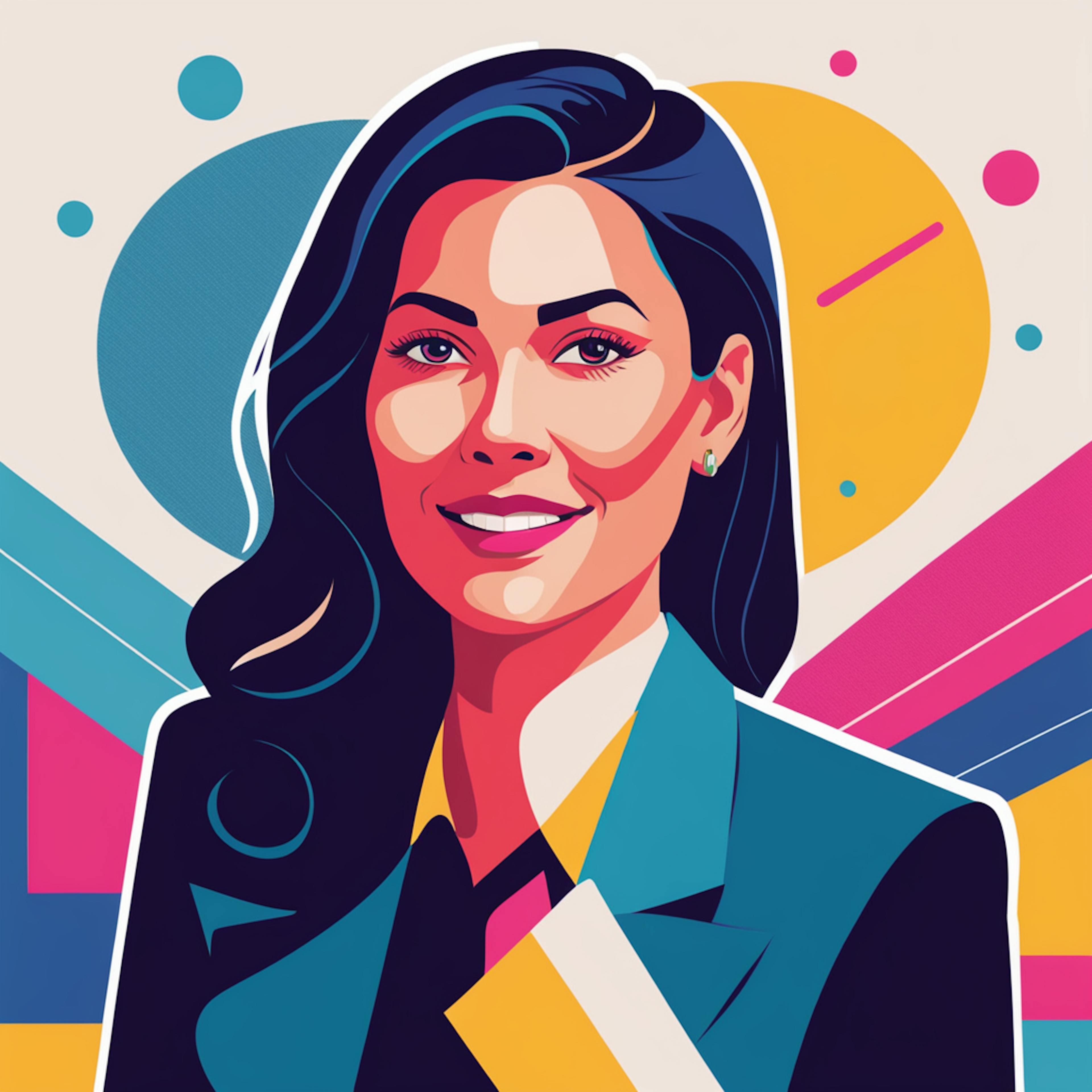 A colorful and modern illustration of a smiling woman in business attire, set against an abstract background with geometric shapes and circles, ideal for an optin page that emphasizes professionalism and creativity.