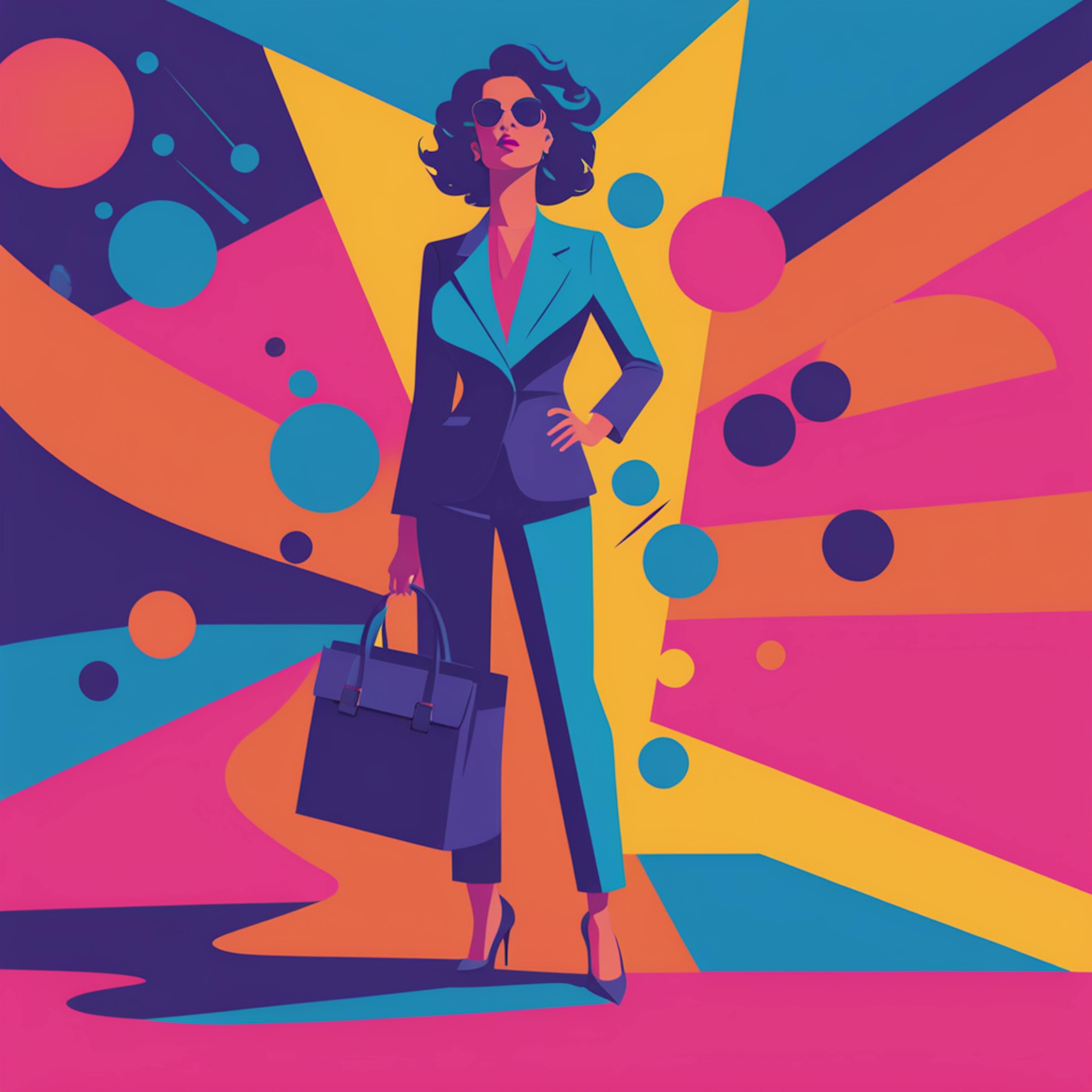 A bold and stylish illustration of a confident woman in a blue suit with sunglasses, holding a briefcase and standing against a vibrant, abstract background, perfect for an optin page that conveys power and success.