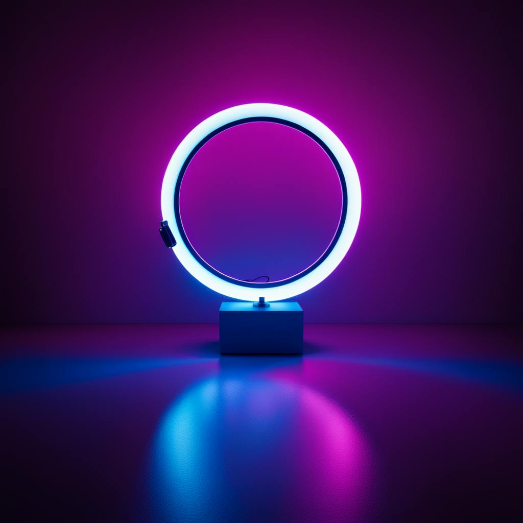 A glowing neon ring light on a reflective surface against a dark purple background, representing the modern and innovative aesthetic often employed by popular web designers.