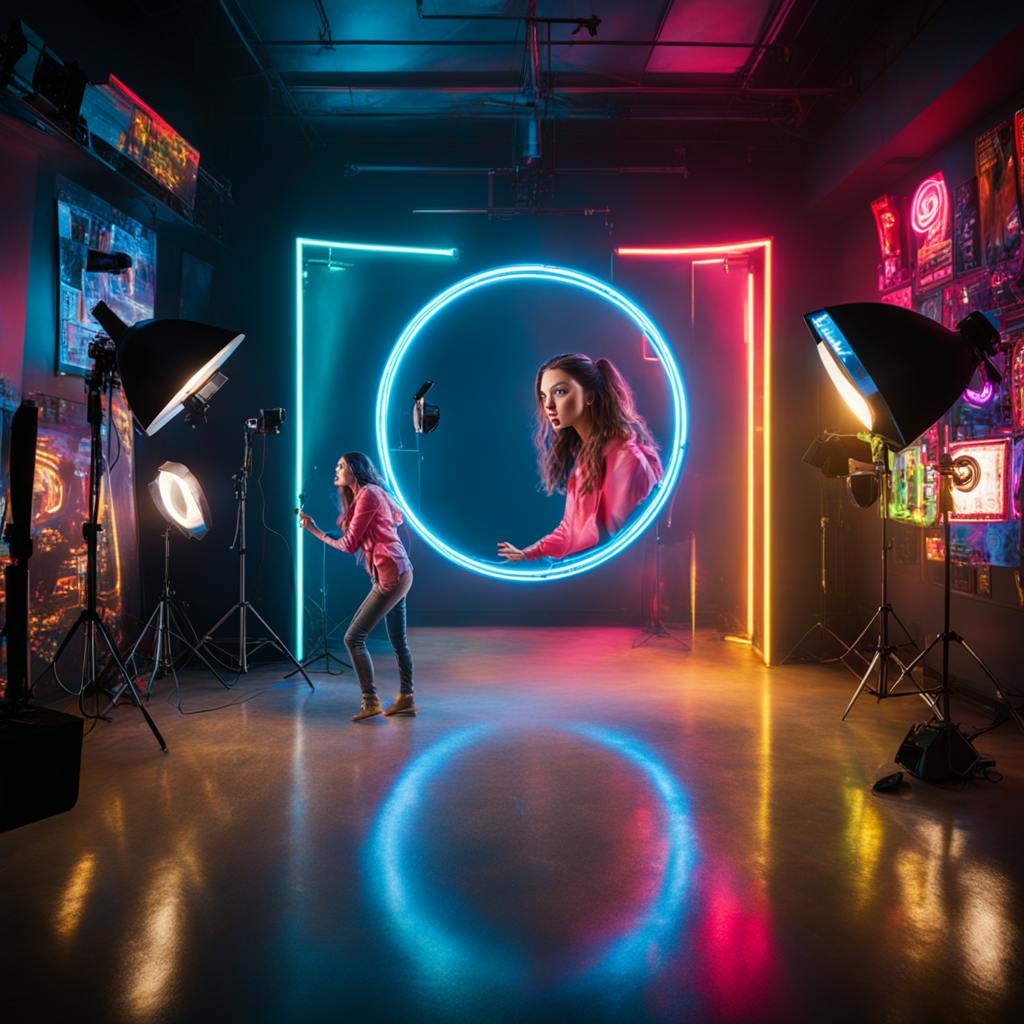 A dynamic photography studio setup with a neon ring light and a young woman in a pink hoodie posing creatively, highlighting the vibrant and trend-setting work of popular web designers.