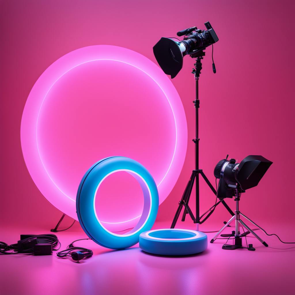 A vibrant photography studio setup featuring a large pink neon ring light, smaller blue ring lights, and professional camera equipment on tripods, all set against a bright pink background, showcasing the creative and modern tools used by popular web designers.