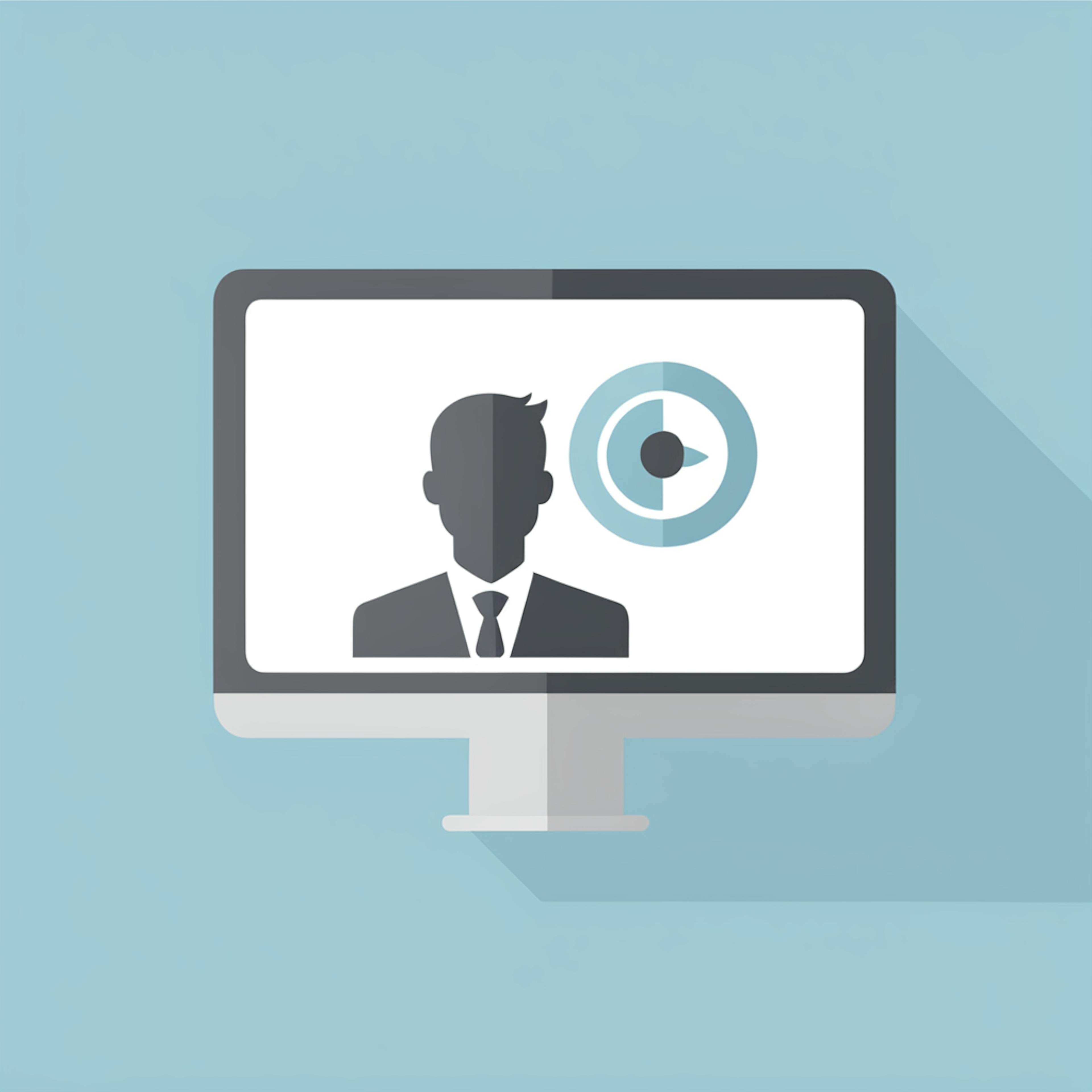 A flat design illustration of a computer monitor displaying the silhouette of a business professional alongside a circular target graphic, set against a light blue background, representing the concept of a one page website focused on personal branding or targeted content.