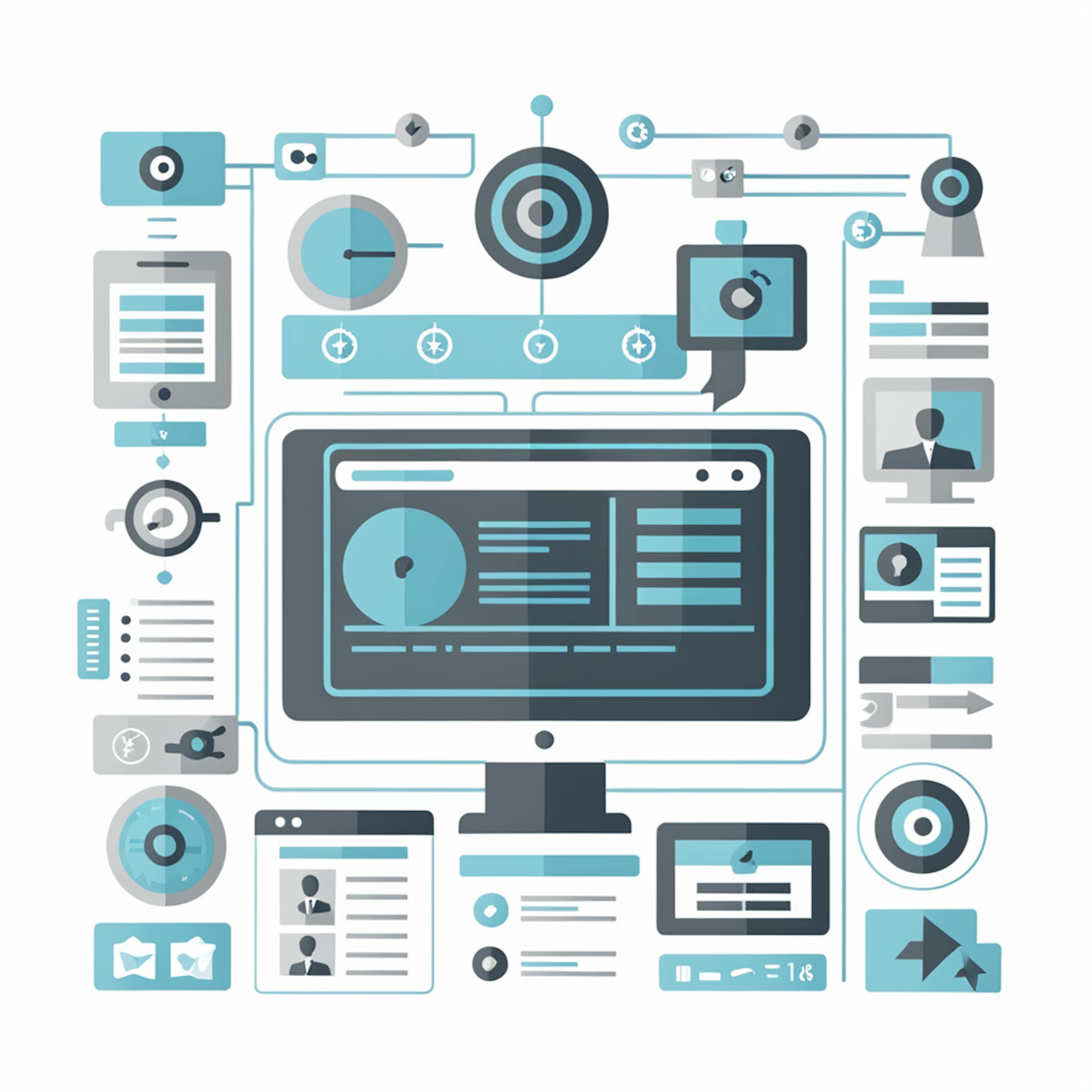 A complex illustration depicting a computer screen with various interconnected elements like charts, icons, and profile images, all arranged in a grid pattern, symbolizing the organized and efficient structure of a one page website.