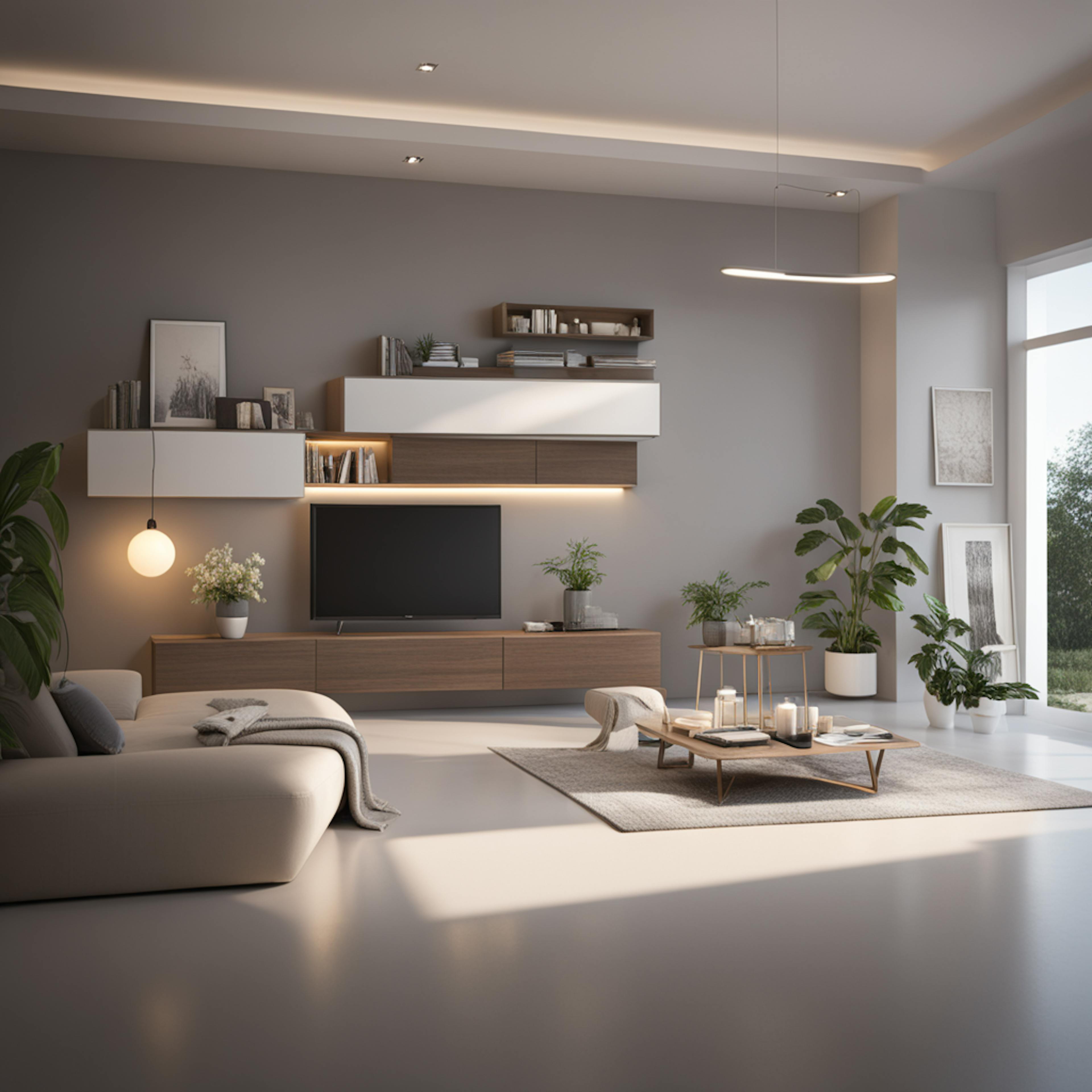 A modern and minimalist living room with sleek furniture, ambient lighting, and decorative plants, showcasing a clean and organized space, ideal for demonstrating the application of a natural language processing AI detector in smart home environments.