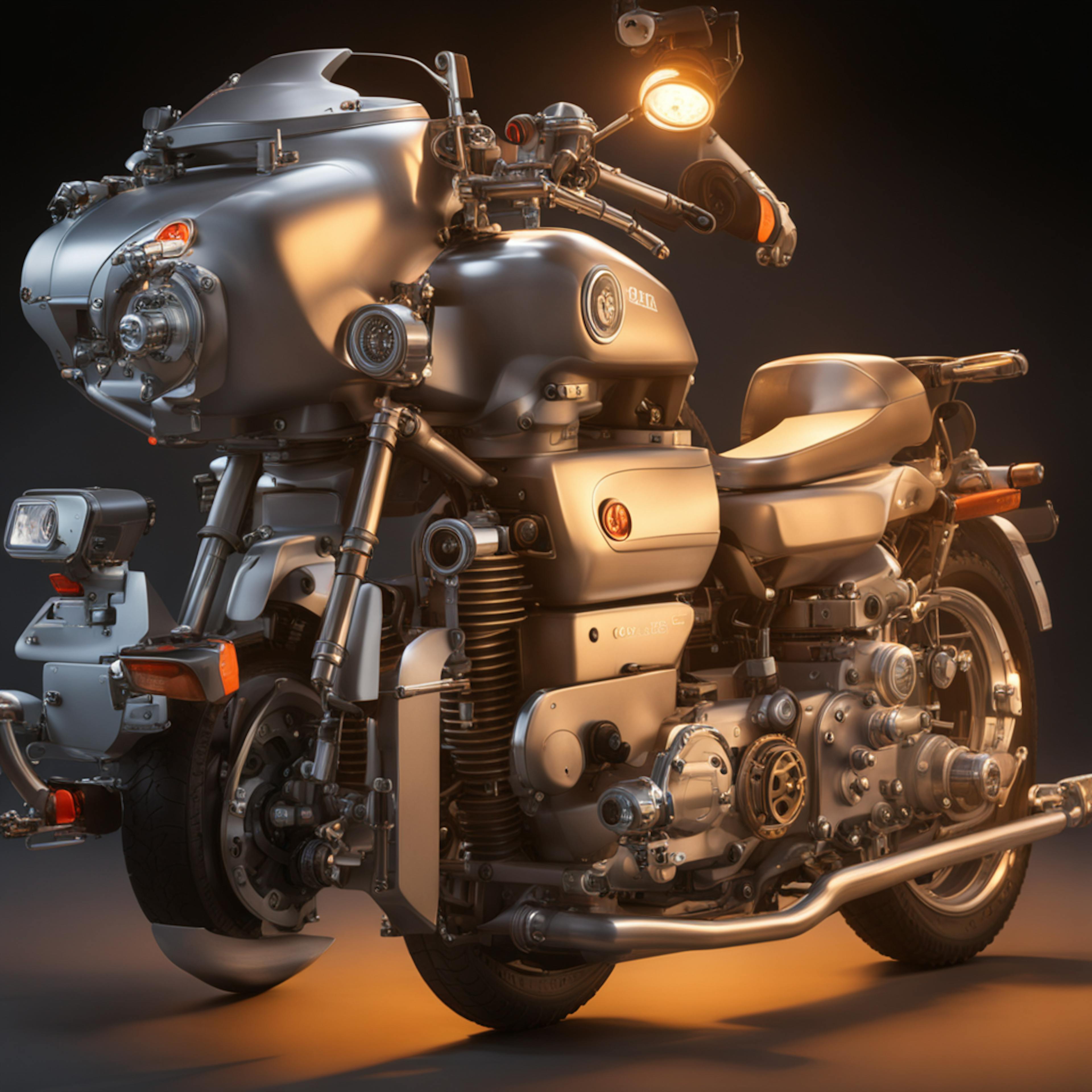 A highly detailed, retro-futuristic motorcycle with mechanical components and a sleek metallic finish, illustrating the potential use of natural language processing AI detectors in advanced vehicle technology for optimized performance and control.