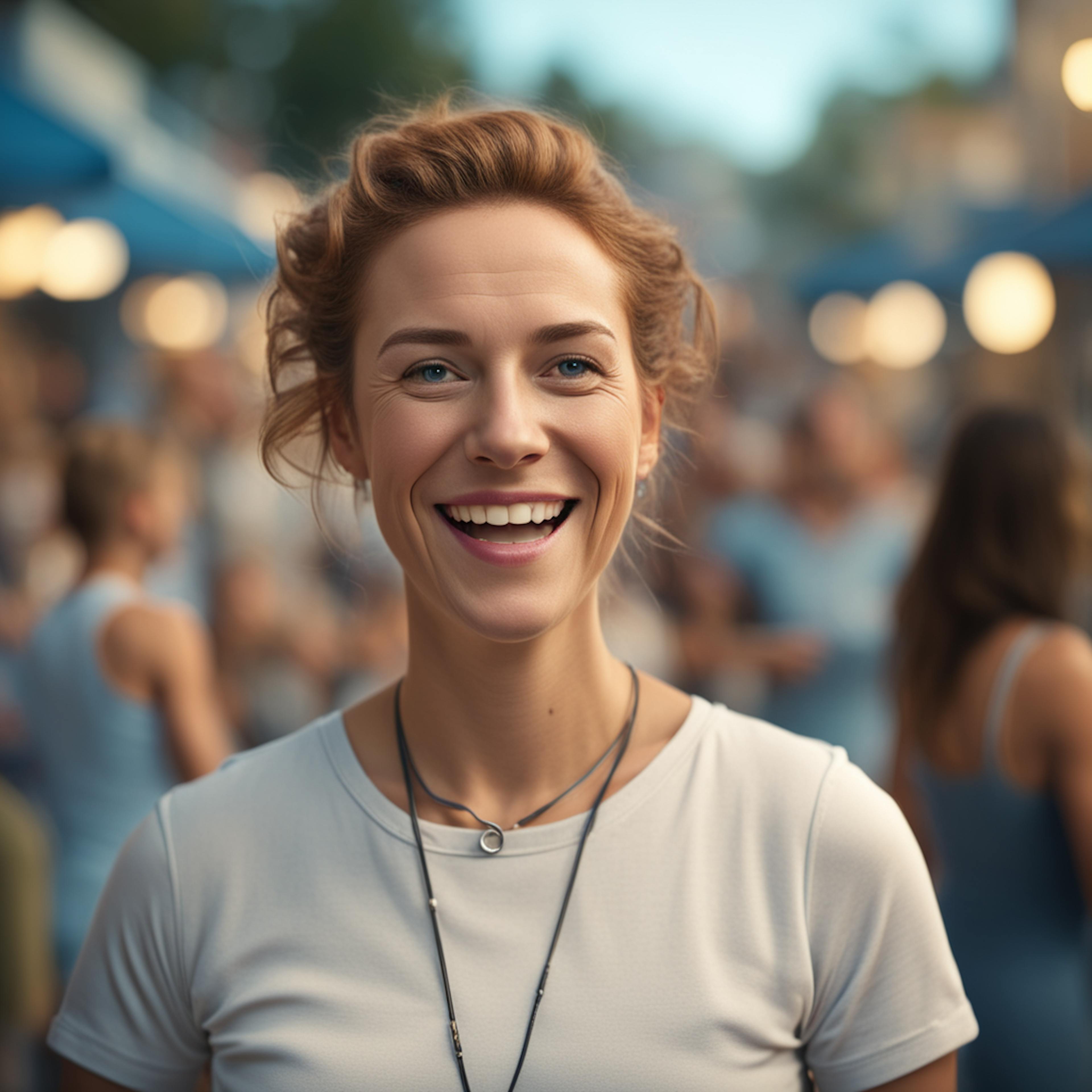 A smiling woman in a casual outdoor setting, surrounded by a lively crowd, representing the approachable and engaging aspect of a marketing strategy for a new product aimed at connecting with a broader audience.